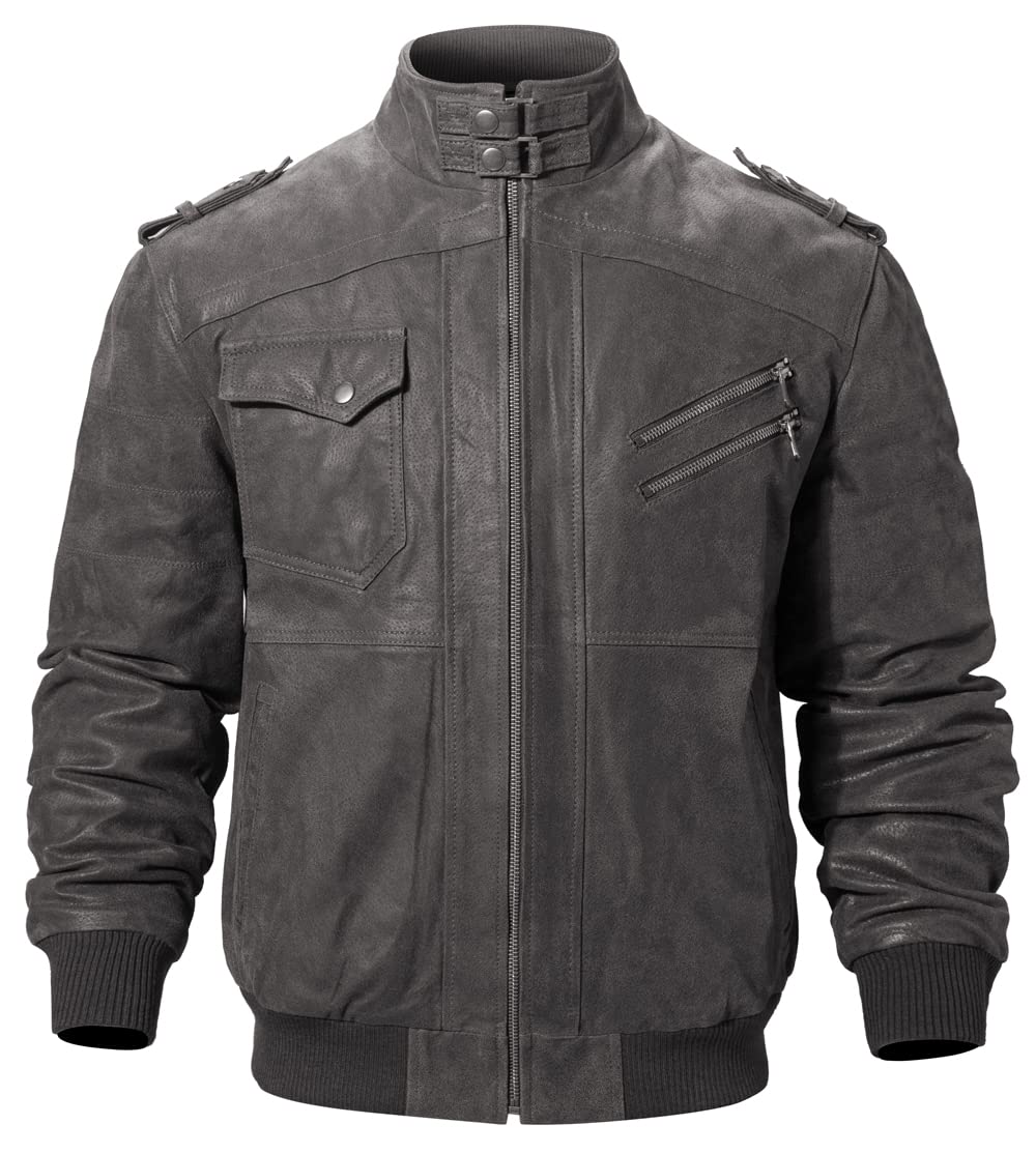 FLAVOR Men Brown Leather Motorcycle Jacket with Removable Hood (Large, Gray)