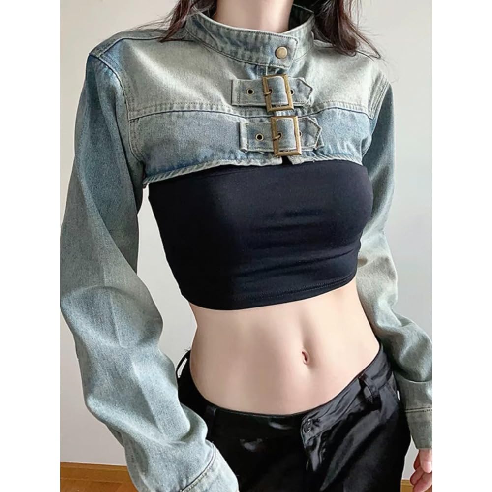 Xojbzoo Women's Y2K Belted Black Motorcycle Jacket Pleated Long Sleeve Super Short Coat Trendy Summer Fashion (US, Alpha, Small, Regular, Regular, Blue)