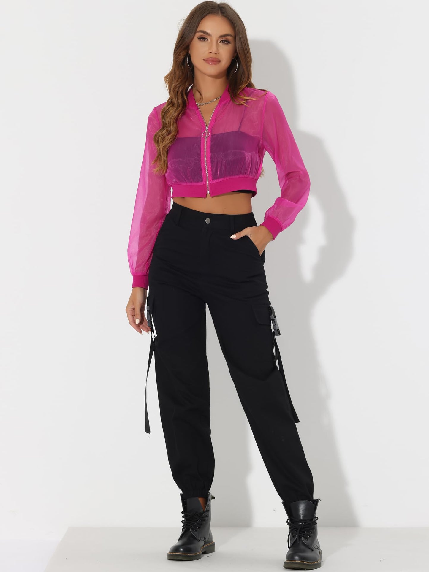 Allegra K Mesh Crop Jacket for Women's Lightweight Sheer Bomber Jacket