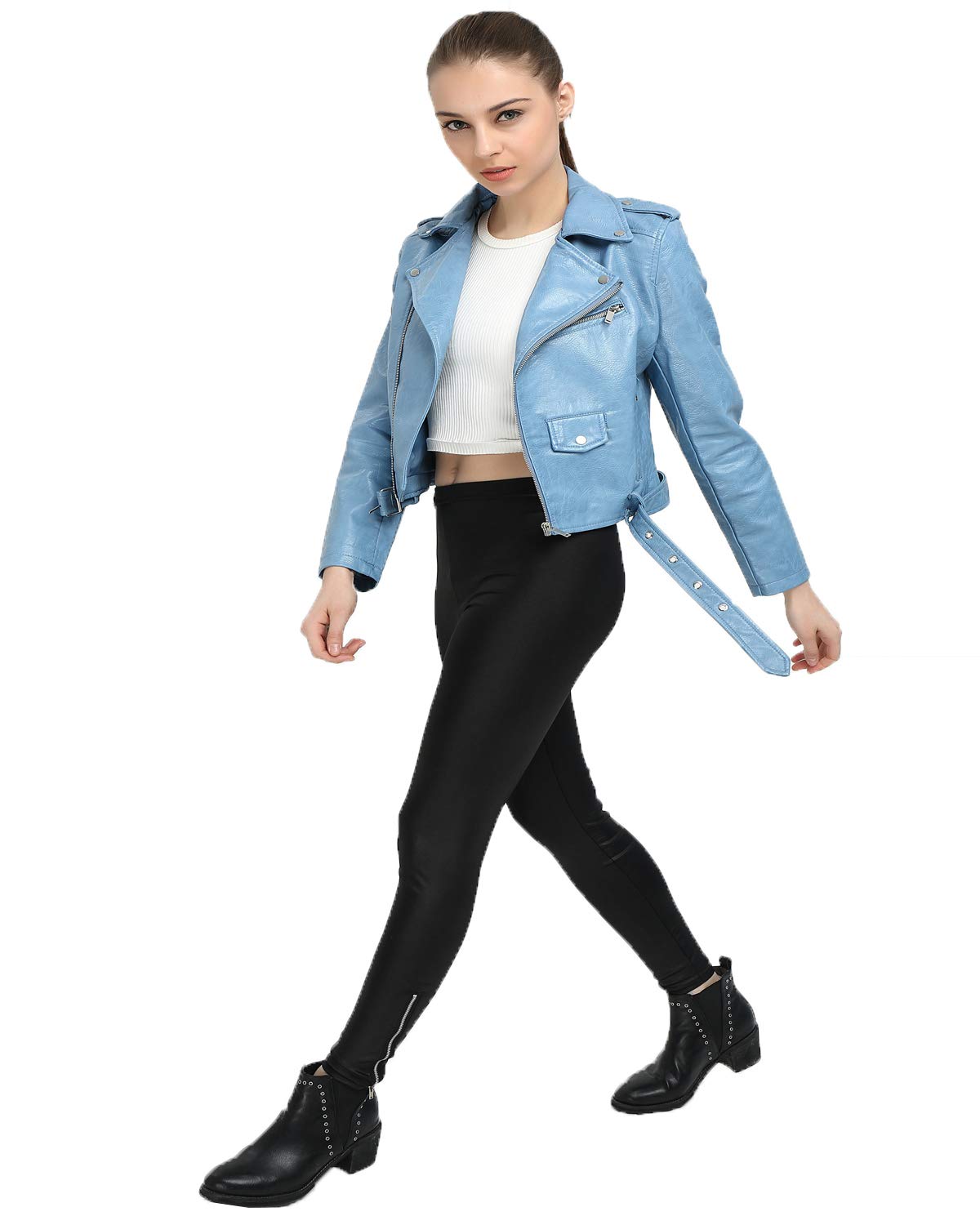LY VAREY LIN Women's Faux Leather Motorcycle Jacket PU Slim Short Biker Coat (M, Blue)