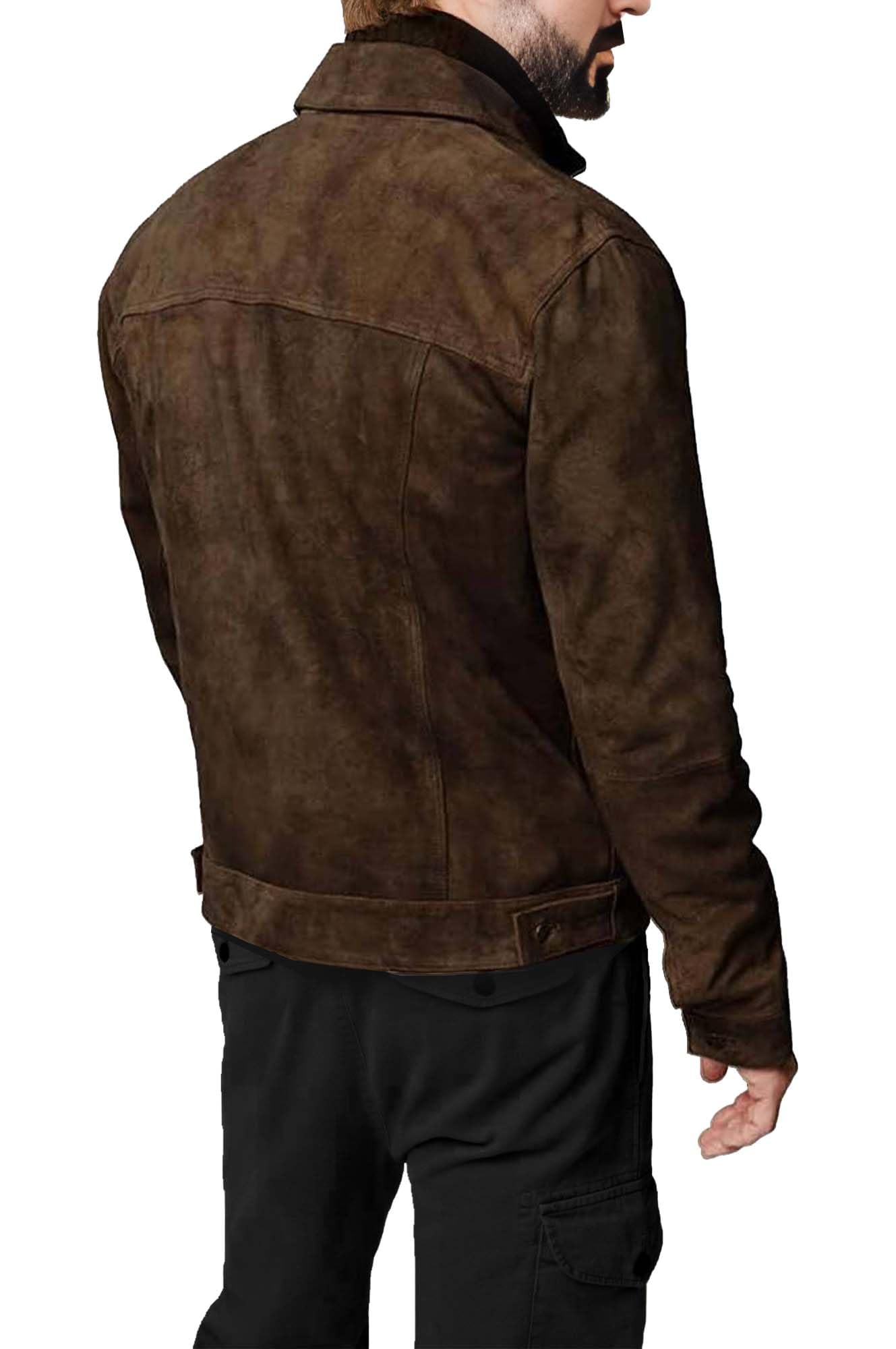Premium Vintage Trucker Suede Leather Jacket Men Genuine Lambskin Men Leather Jackets Shirt Collar Jackets For Mens (US, Alpha, XX-Large, Regular, Regular, Dark Brown Suede Leather)