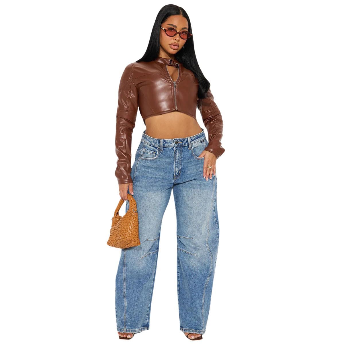Charyeah Women's Faux Leather Jacket Cropped Leather Jacket Women Bomber Motorcycle Jacket y2k Jacket (US, Alpha, Small, Regular, Regular, Brown)