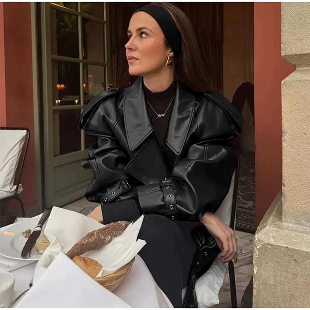 THLAI Womens PU Leather Jacket Long Sleeve Retro Collar Motorcycle Jacket Casual Coat