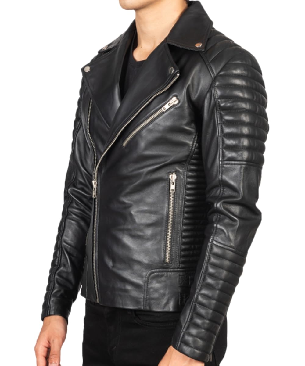 USTRADEENT 2024 Genuine Leather Biker Jacket for Men - 100% Lambskin Leather Biker Brown Vintage Jacket… (US, Alpha, X-Large, Regular, Regular, Black)