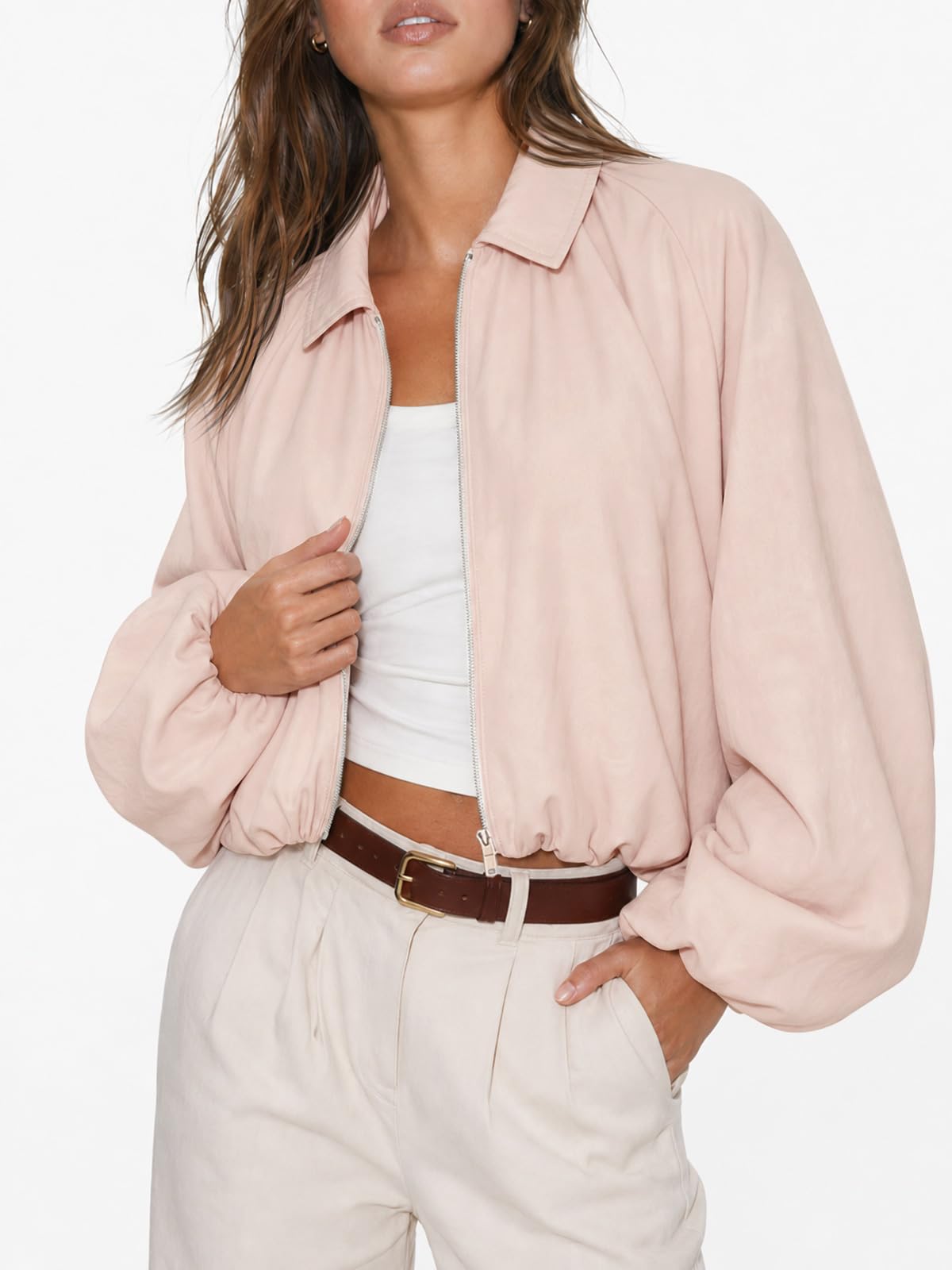 Tankaneo Womens Cropped Jackets Bomber Coat Fall Casual Zip Up Outerwear