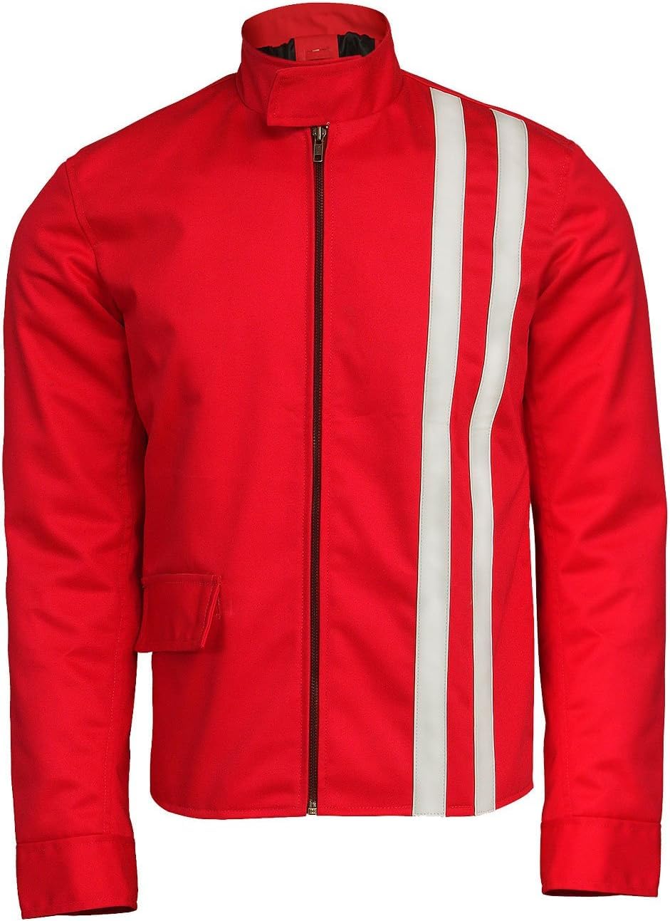 CHICAGO-FASHIONS Mens Speed Racer Movie Retro Classic Stripes Motorcycle Red Jacket - Vintage Cotton Biker Steve Jacket