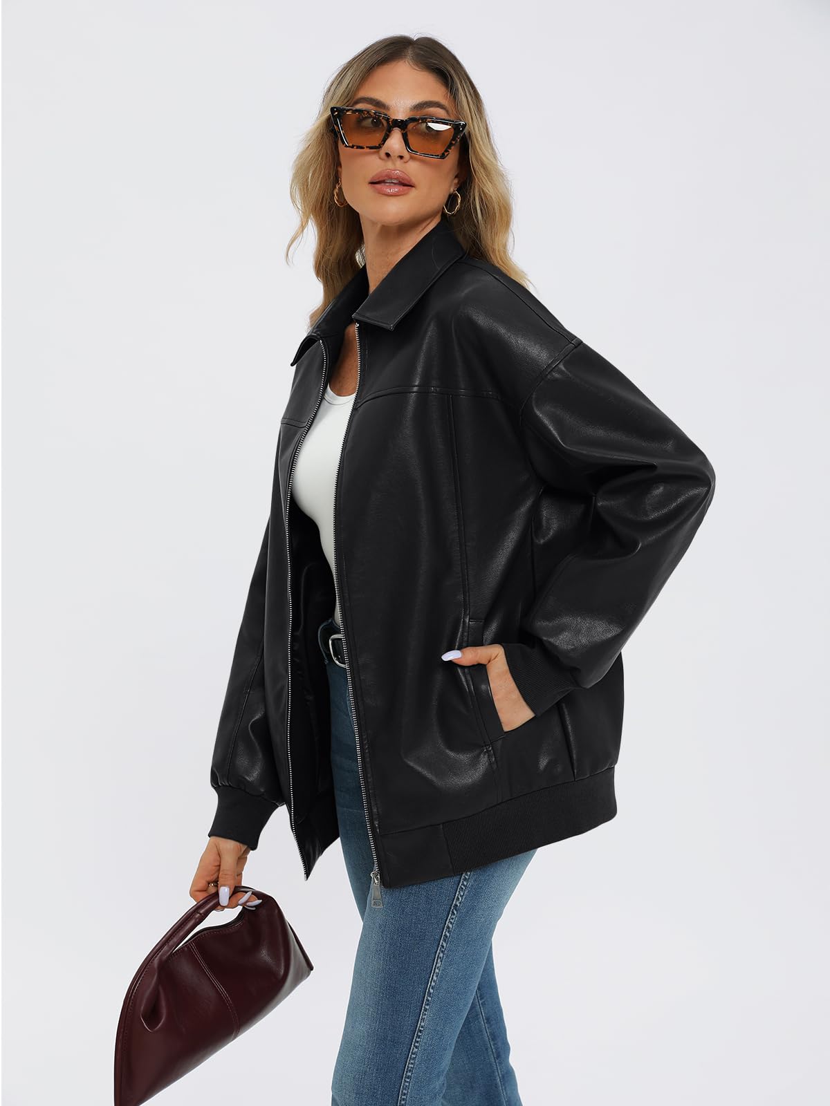 AUTOMET Womens Leather Jackets Oversized Zip Up Faux Bomber Coats 2026