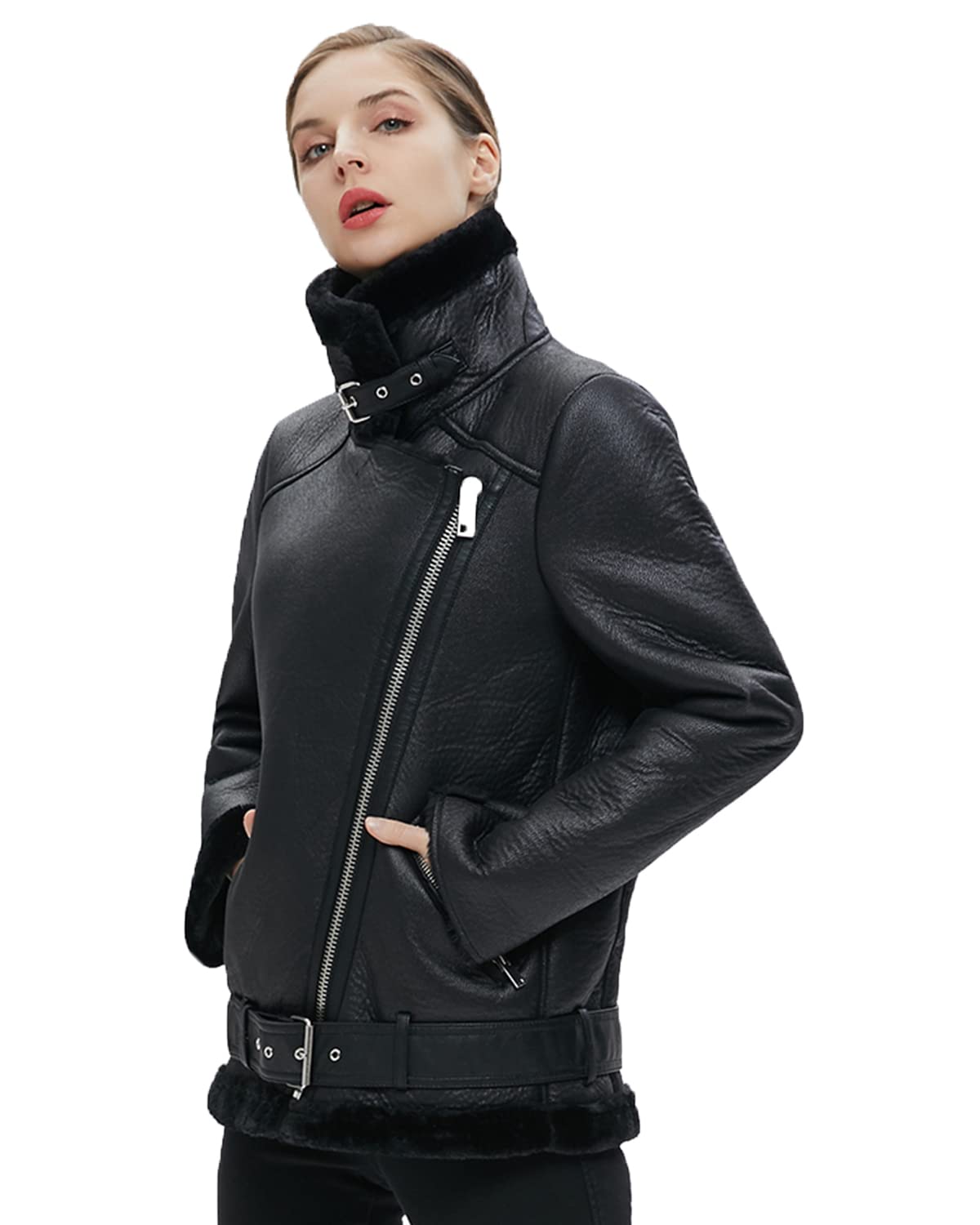 LY VAREY LIN Women's Faux Shearing Moto Jacket Thick Lined Parka Winter Shearling Coat Leather Jacket (L, Black)