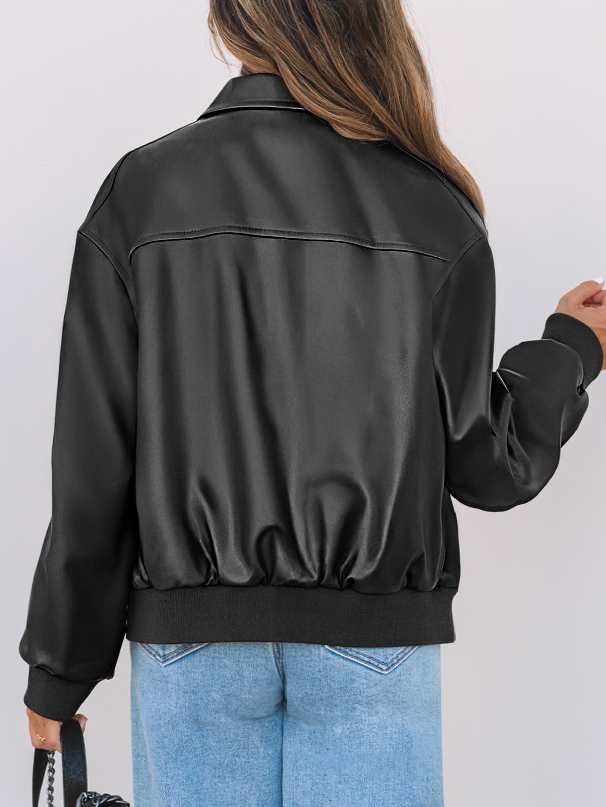 MEROKEETY Women's Oversized Faux Leather Jacket Fall Winter Zip Up Motorcycle Coats Fashion Outfits Clothes 2025, Black, Medium