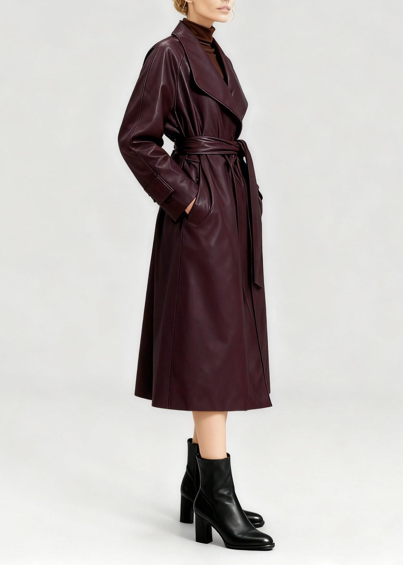 utcoco Womens Faux Leather Classic Lapel Trench Coat Long Leather Blazer Jackets Open Front with Belt (Small, Wine)