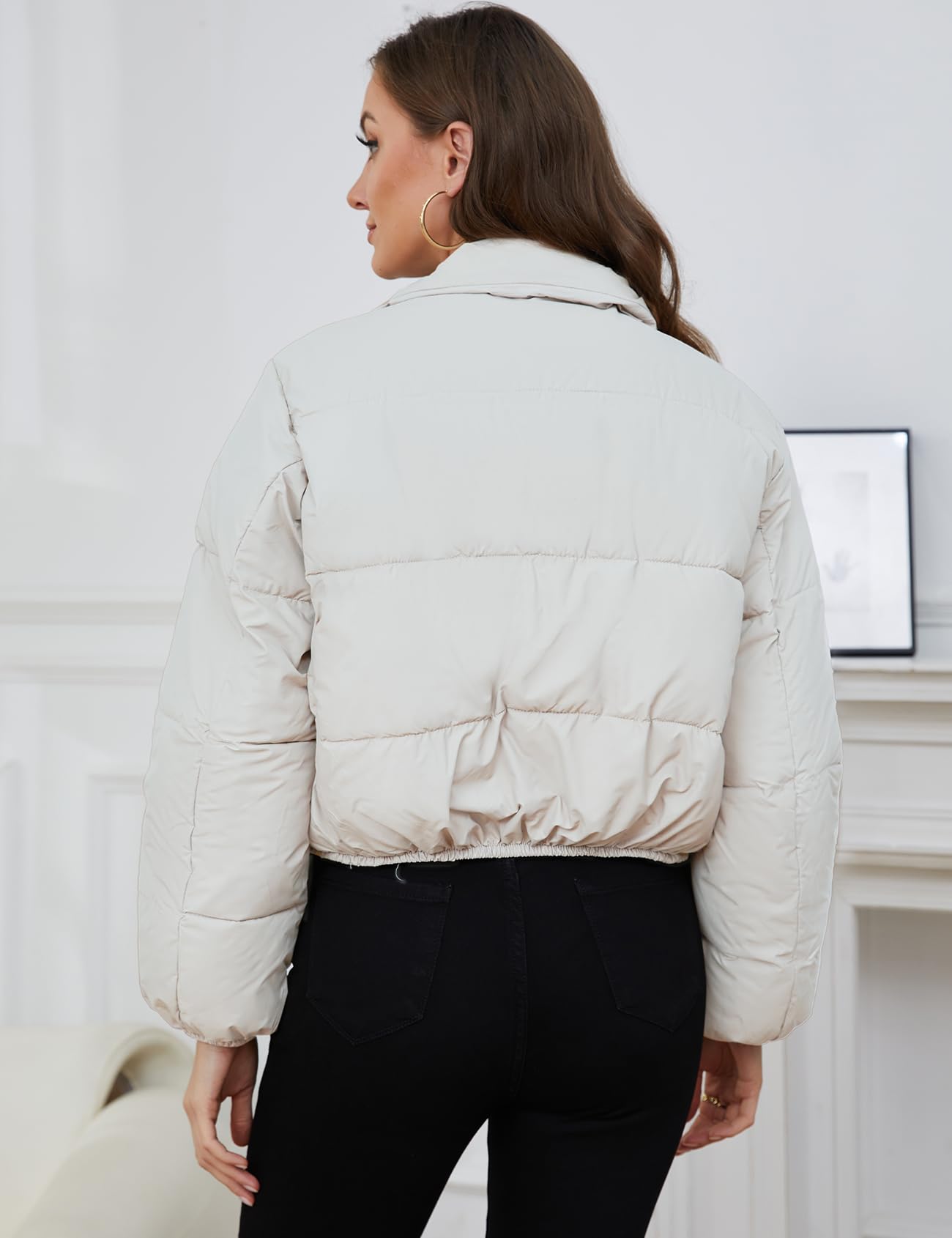 Yimoon Women's Cropped Puffer Jacket Quilted Lightweight Stand Collar Full Zip Short Down Jacket (White-M)