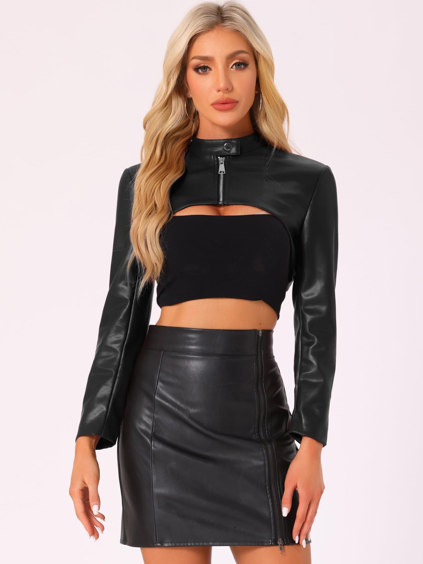 Allegra K Women's Faux Leather Cropped Top Stand Collar Zipper Front Moto Biker Long Sleeve Jacket Coat Medium Black