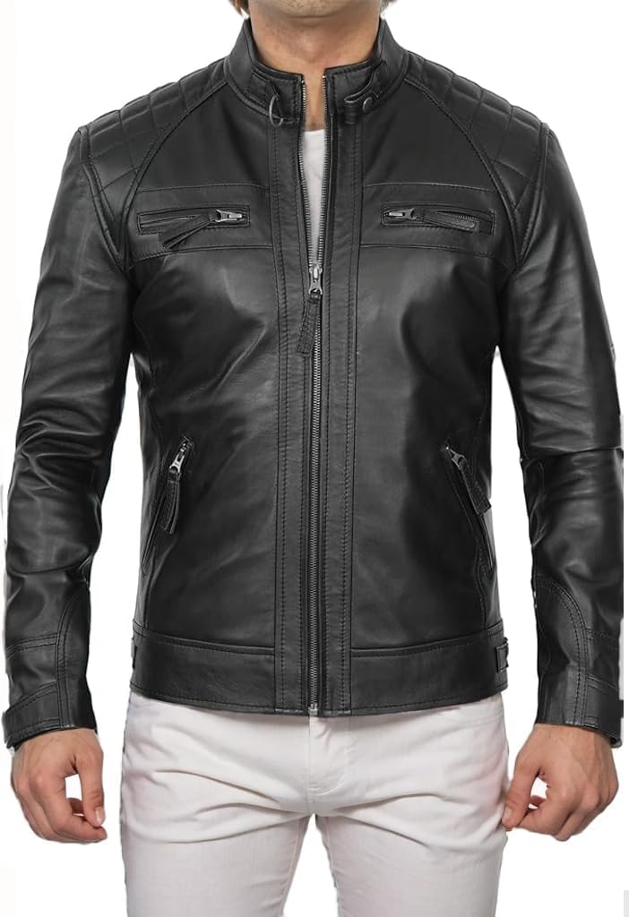 DECIMAL Men's Black Genuine Lambskin Leather Biker Jacket VINTAGE REAL MOTORCYCLE JACKETS FOR MEN (US, Alpha, Large, Regular, Regular, UBLACK)