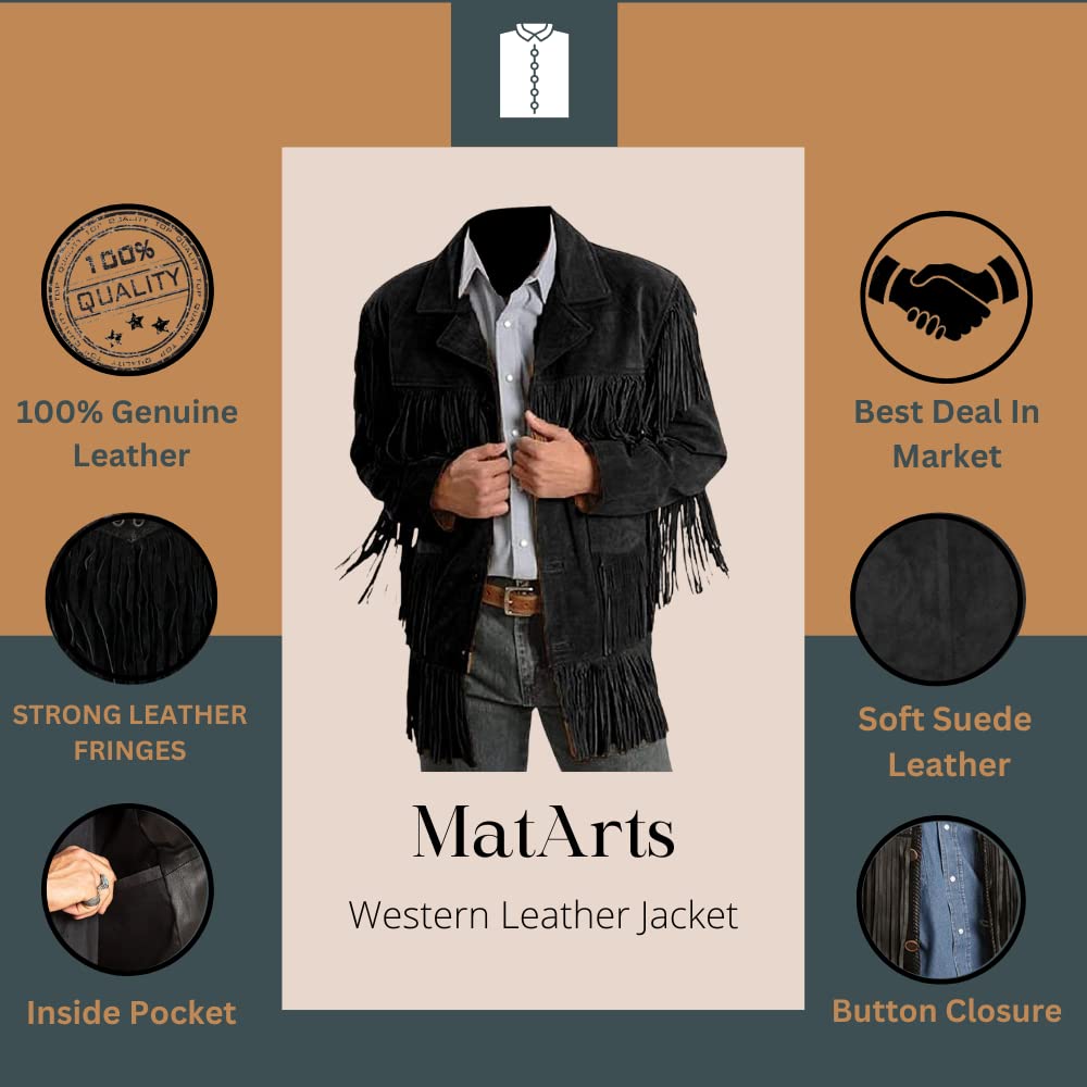 MATARTS Western Cowboy Fringes Suede Leather Jacket for Mens - Native American and Biker Style Classic Fashion Coat (Black) (as1, alpha, x_s, regular, regular)