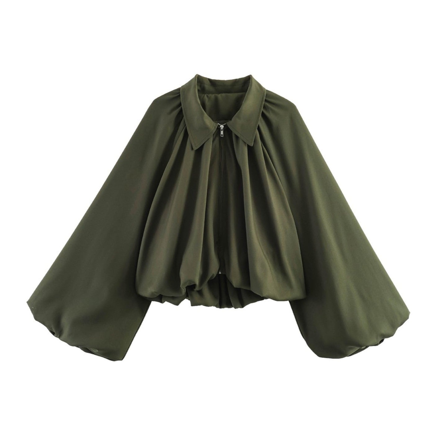 Chevara Women’s Puffed Sleeve Bomber Jacket Trendy Lapel Collar Zip Up Cropped Loose Fit Spring Fall Pleated Shirt(0345-Green-S-CW)