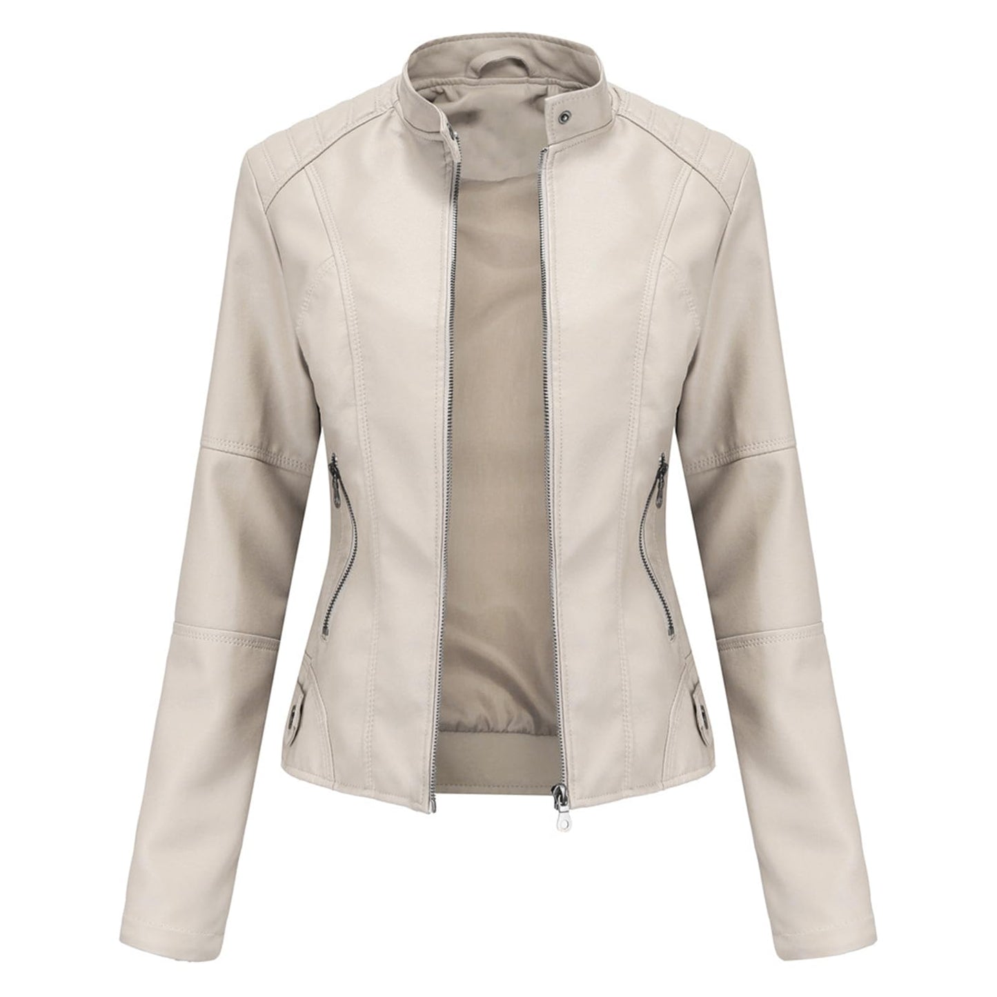 DEAR MODEL Faux Leather Jacket Women Bomber Jacket Women's Belted Motorcycle Jacket,Cream,M