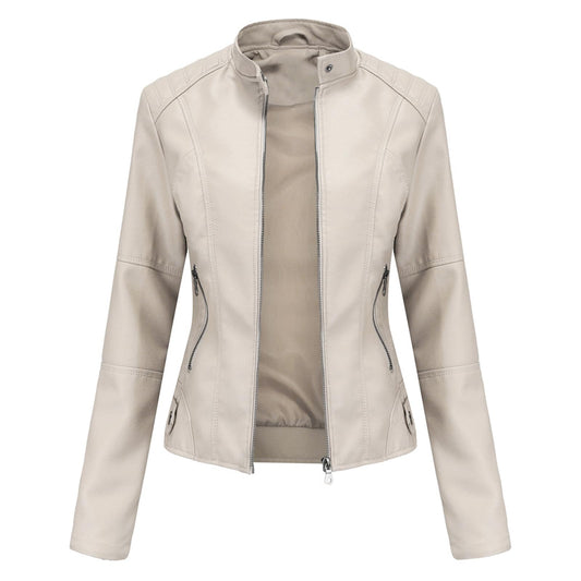 DEAR MODEL Faux Leather Jacket Women Bomber Jacket Women's Belted Motorcycle Jacket,Cream,M