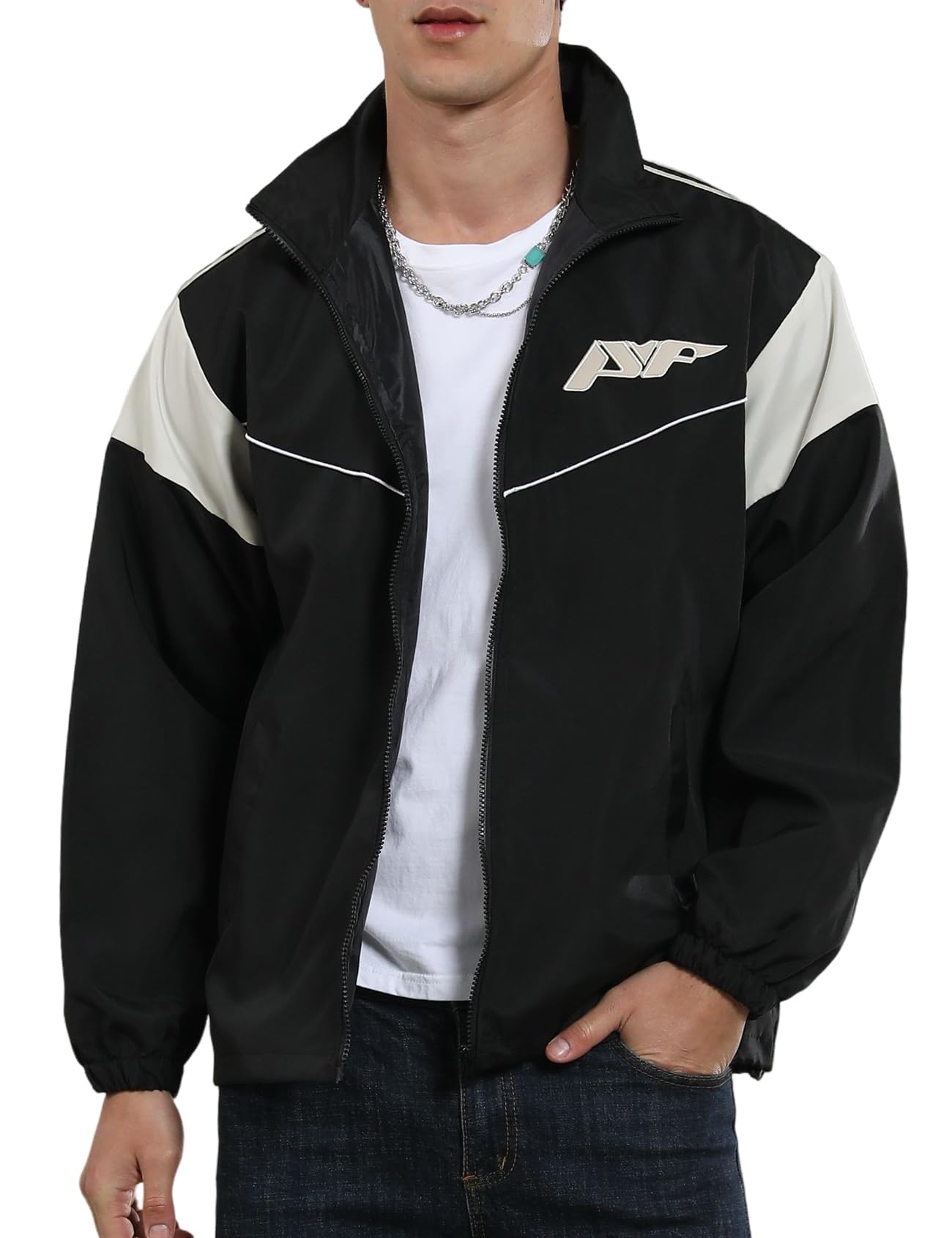 Yimoon Men's Lightweight Windbreaker Jacket Casual Zip Up Outdoor Varsity Jacket Patchwork Vintage Y2K Outerwear(Black-M)