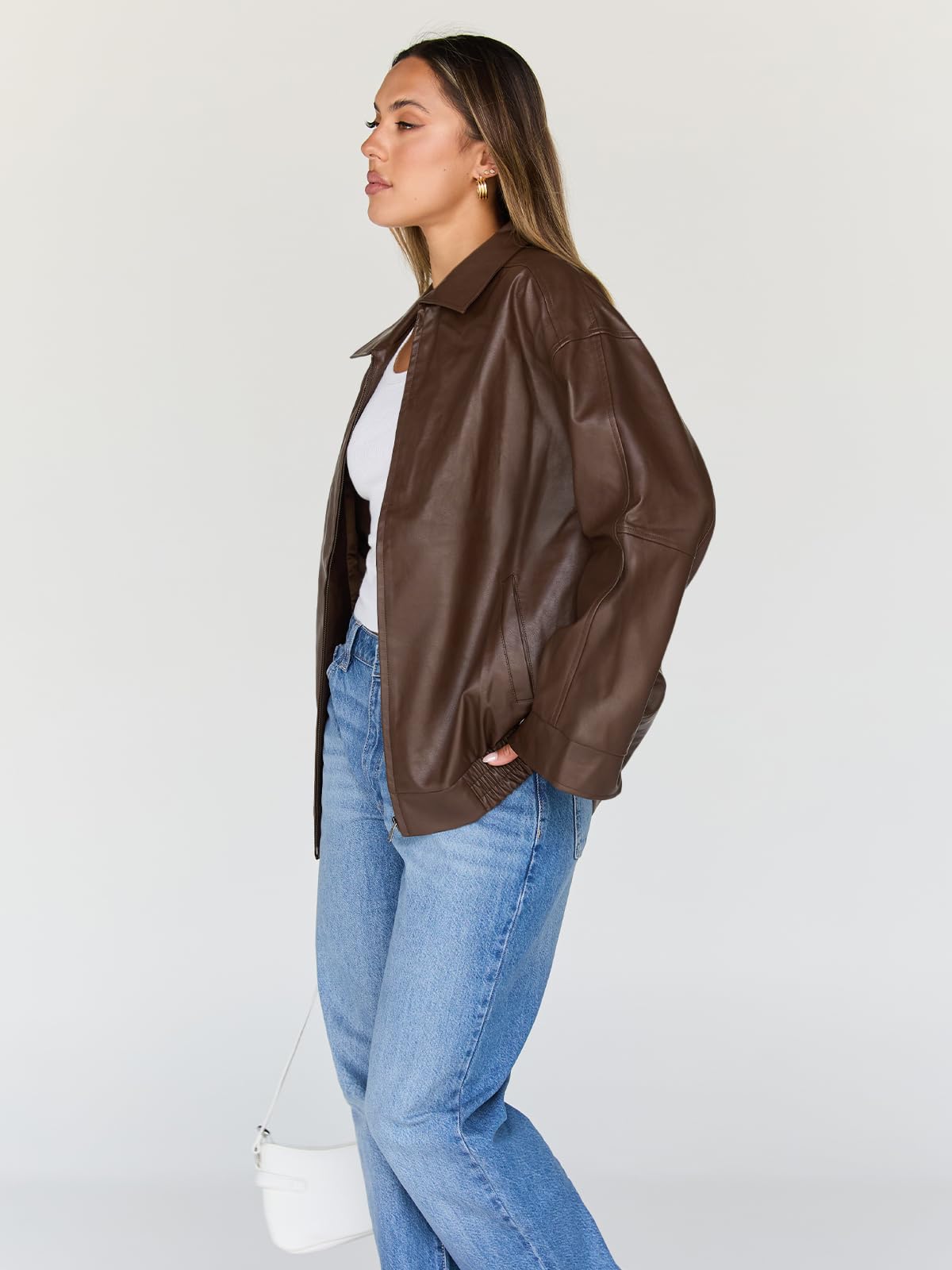 Trendy Queen Womens Leather Jacket, Oversized Spring Going Out & Everyday Statement Piece, Bomber Jackets Fall Moto Coat Brown L
