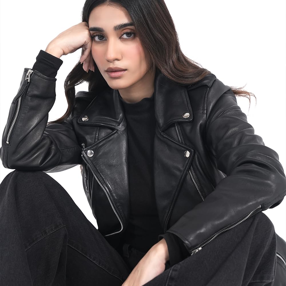 STREGA Women's Lambskin Leather Motorcycle Jacket - Real Leather Biker Jacket Women with Leather Pullers for Timeless Everyday Style | Black – Large