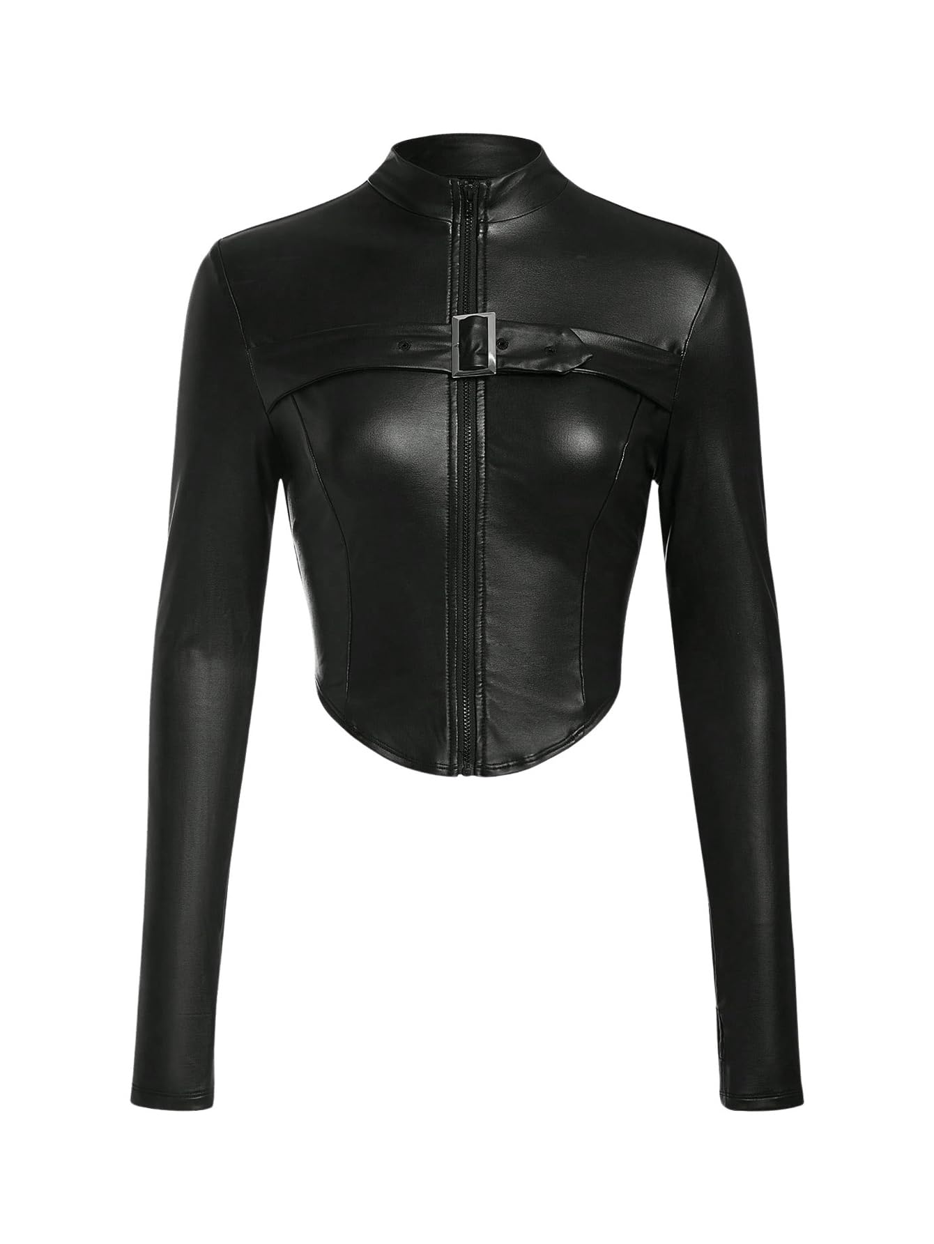 MakeMeChic Women's Leather Cropped Jacket Winter Y2K Long Sleeve Black Jacket Zip Up Outerwear Tops Black Small