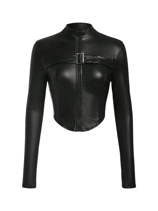 MakeMeChic Women's Leather Cropped Jacket Winter Y2K Long Sleeve Black Jacket Zip Up Outerwear Tops Black X-Small