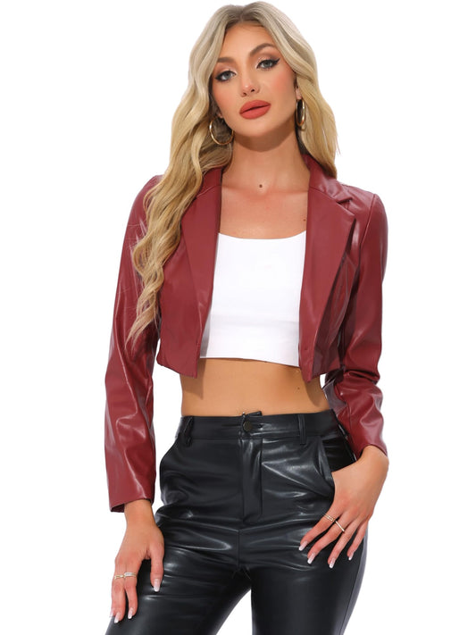 Allegra K Cropped Leather Jacket for Women's Concert PU Motorcycle Jacket Medium Burgundy