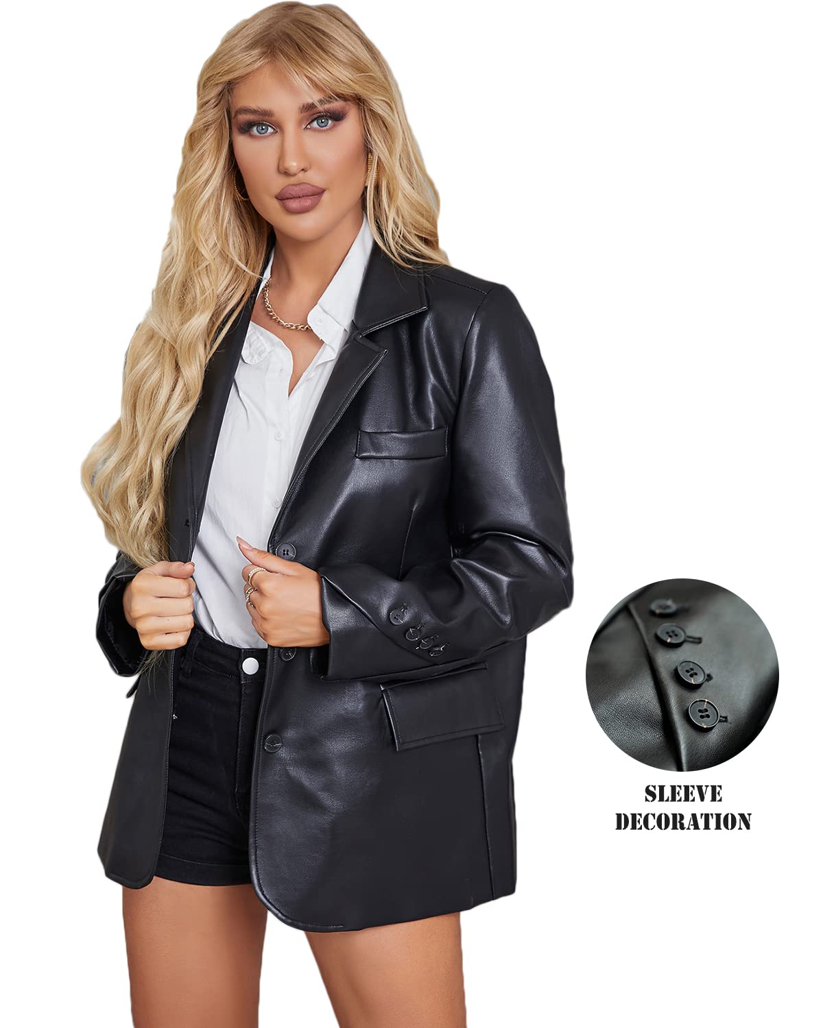LY VAREY LIN Women Faux Leather Belted Shirt Jacket Lapel Blazer Coat with Bust Pocket