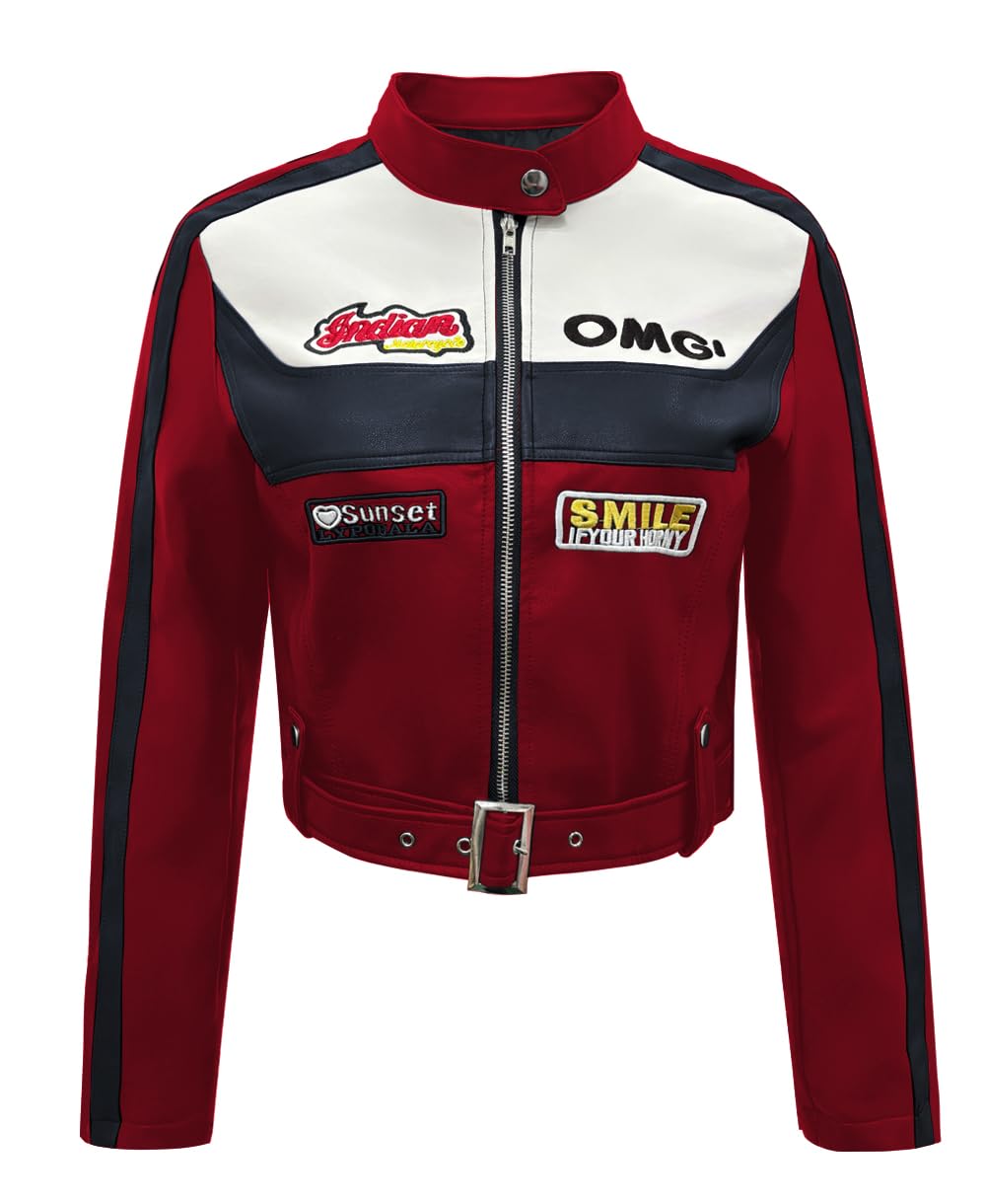 Gudasuo Womens Faux Leather Jackets Motorcycle Racing Jacket with Patches Zip Front Stand Collar Fall Outfits Winter Clothes Cropped Coat Outwear