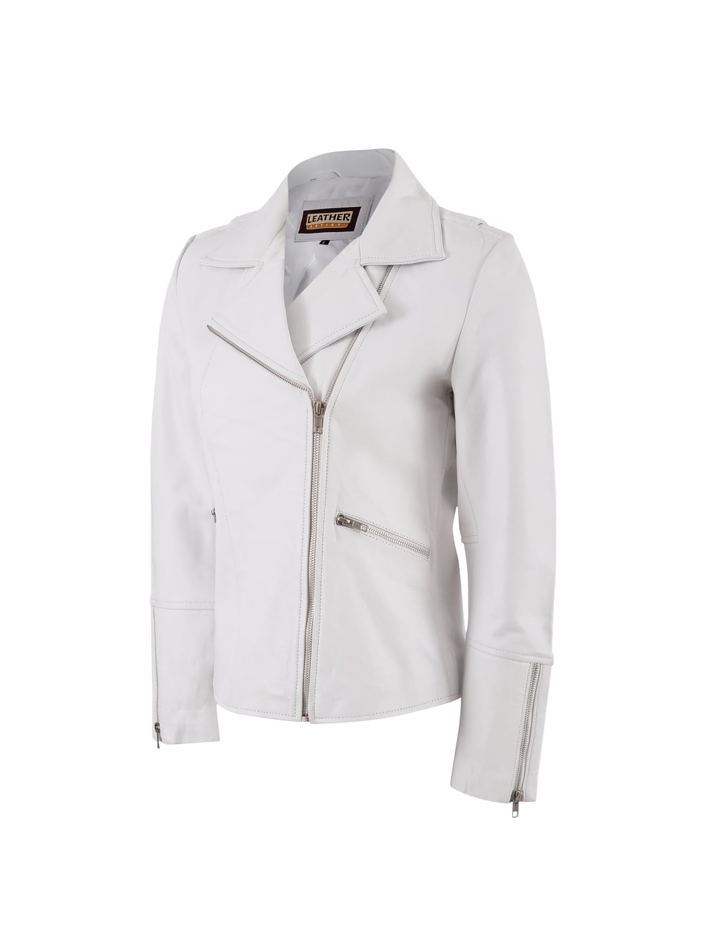 Leather Artist Women’s Real Lambskin Asymmetrical Motorcycle Jacket-Biker Style Genuine Womens Leather Jacket (LA-Biker.Wo-White-L)