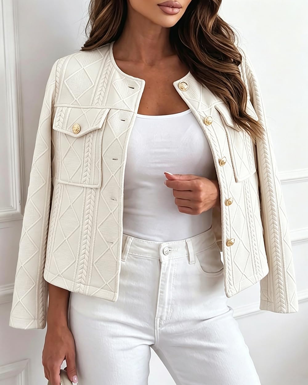 CHICME Womens Bomber Jacket Lightweight Argyle Cable Knit Coat-Beige-Medium