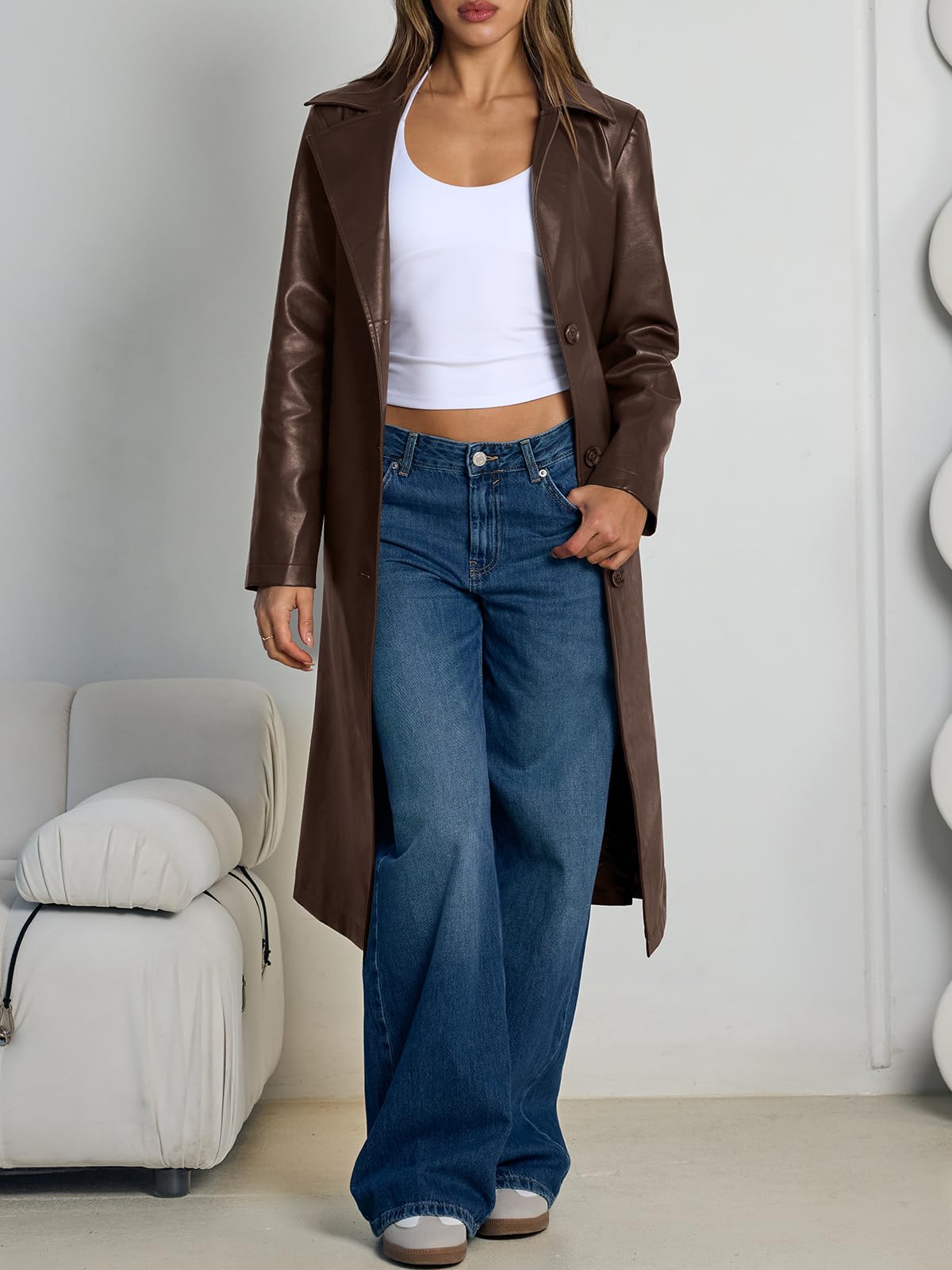 Trendy Queen Womens Brown Long Leather Jackets Trench Dress Pea Coats Peacoat Winter Fall Blazer Suit 2026 Faux Ladies Breasted Casual Warm Waterproof Outfits Clothes Clothing Oversized XL