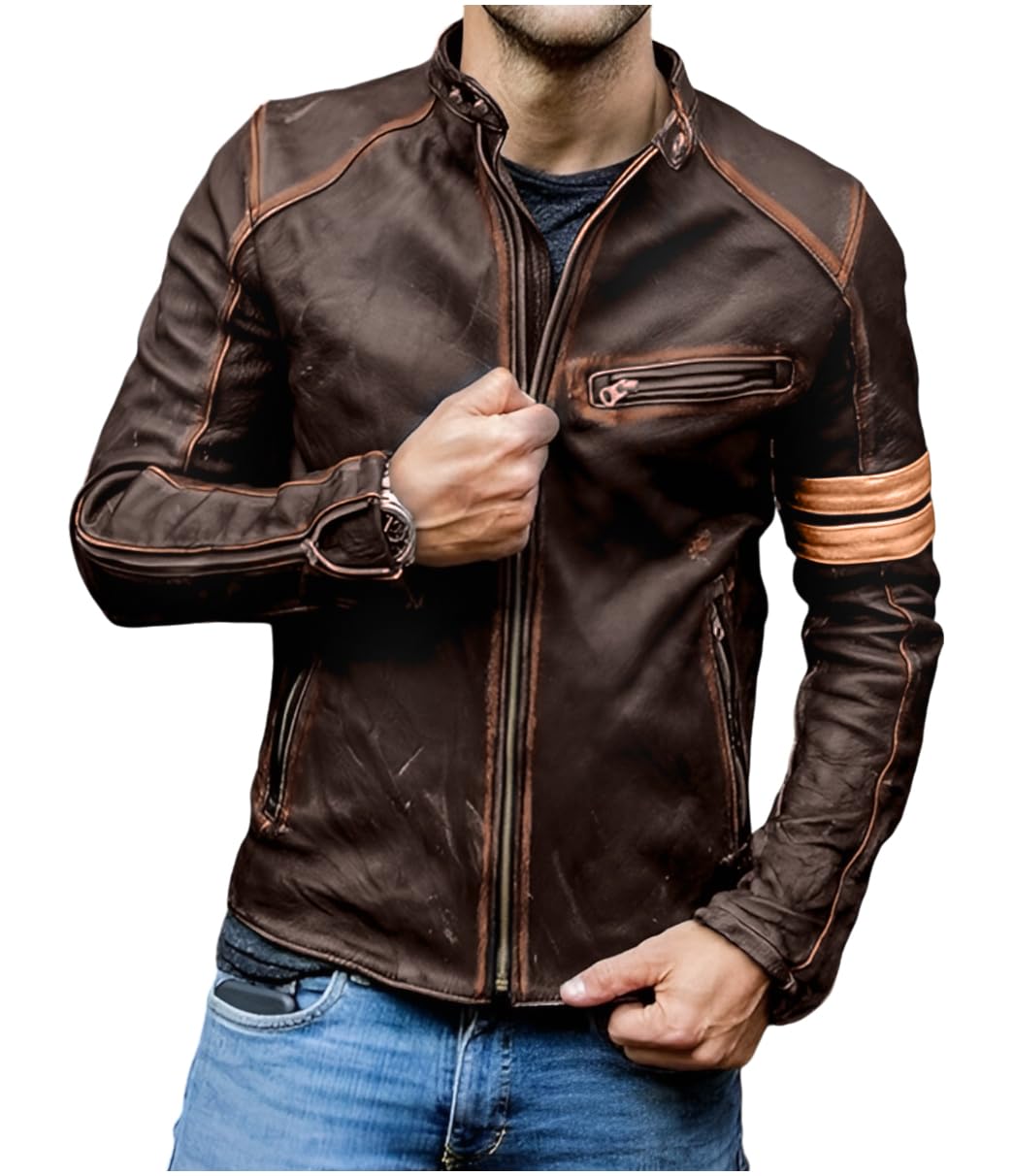 Jild Distressed Café Racer Brown Leather Jacket Men - Genuine Lambskin Leather Biker Style Mens Vintage Motorcycle Jacket (YP-Brn-M)