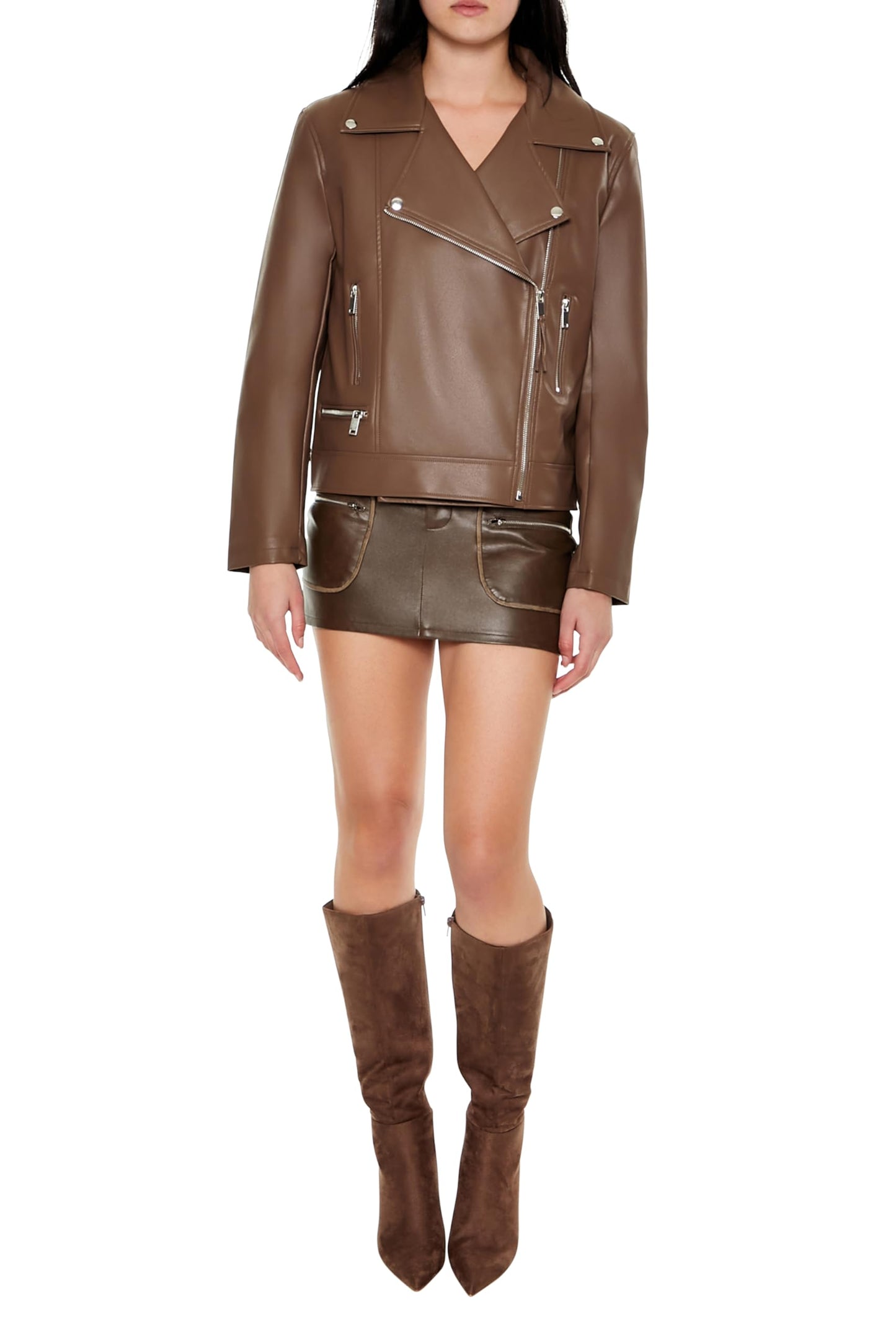 Forever 21 Women's Faux Leather Zip-Up Moto Jacket Espresso Small