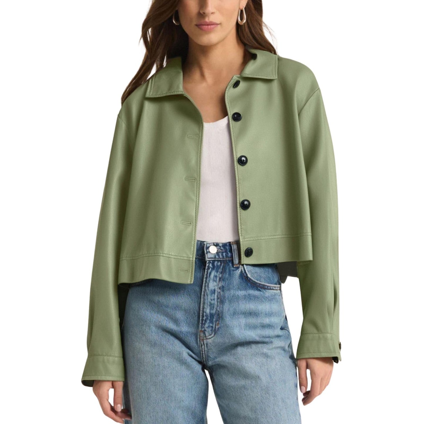 Muzly Women's Faux Leather Cropped Jackets Casual Lightweight Fall Fashion 2025 Winter Coats Outerwear Trendy Clothes(Green,XL)