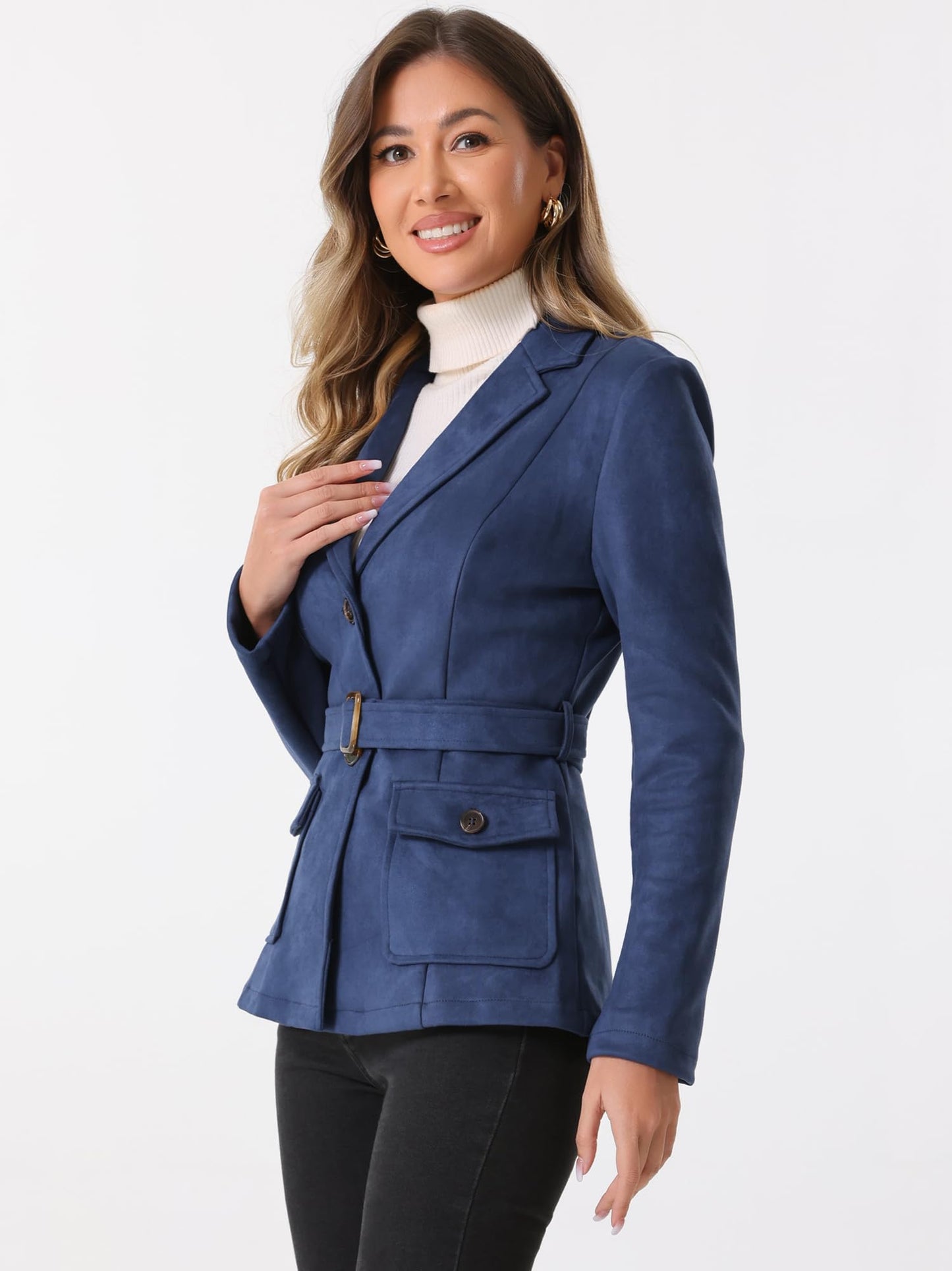 Allegra K Women's Faux Suede Blazer Belted Lapel Outwear Single Breasted Work Jacket Large Dark Blue