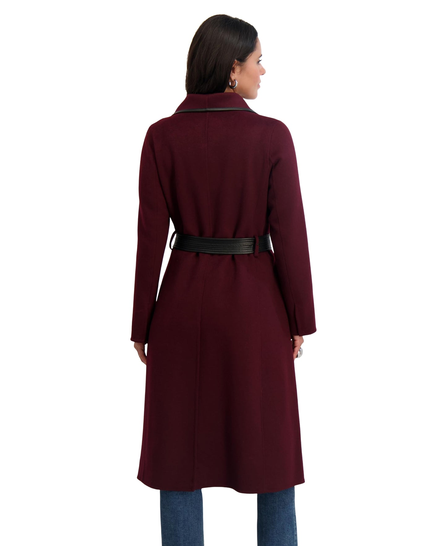 Tahari Women's Double-Faced Luxury Soft Wool Blend Longline Wrap Coat with PU Binding and Removable Belt, Cherry, X-Small