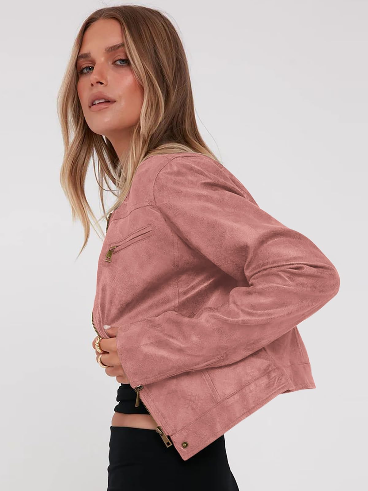 Onedreamer Women's Faux Leather Cropped jackets Casual Vintage Zip Up Stand Collar Motorcycle Short Coat Jacket
