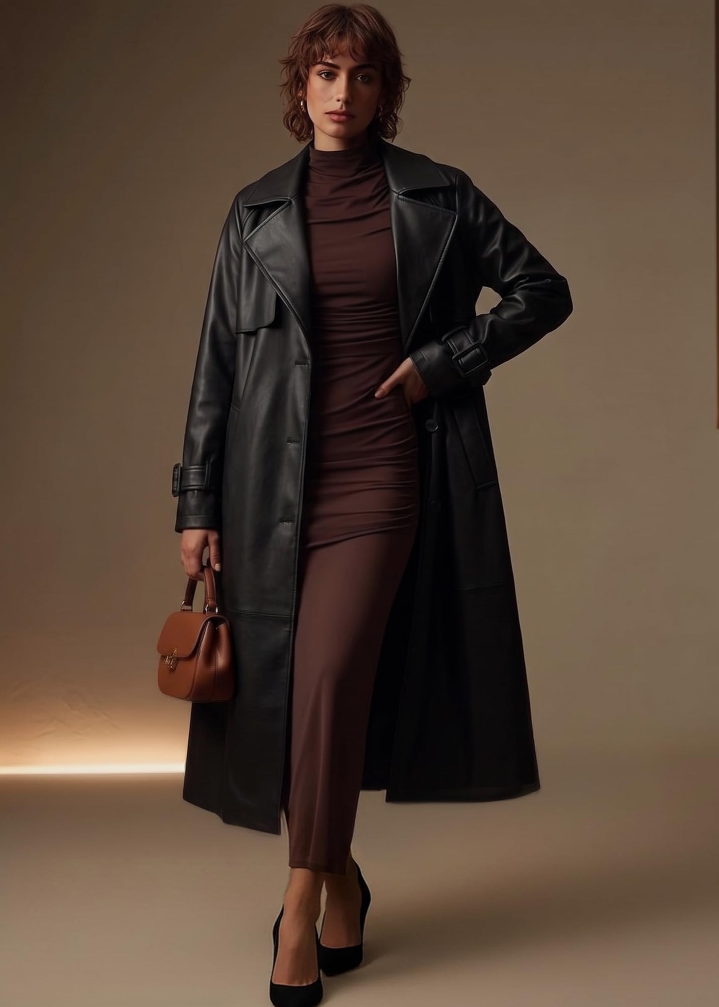 Bellivera Women Trench Coat Long Jacket Faux Leather Classic Lapel Belt Loose Overcoat 2225 Black S