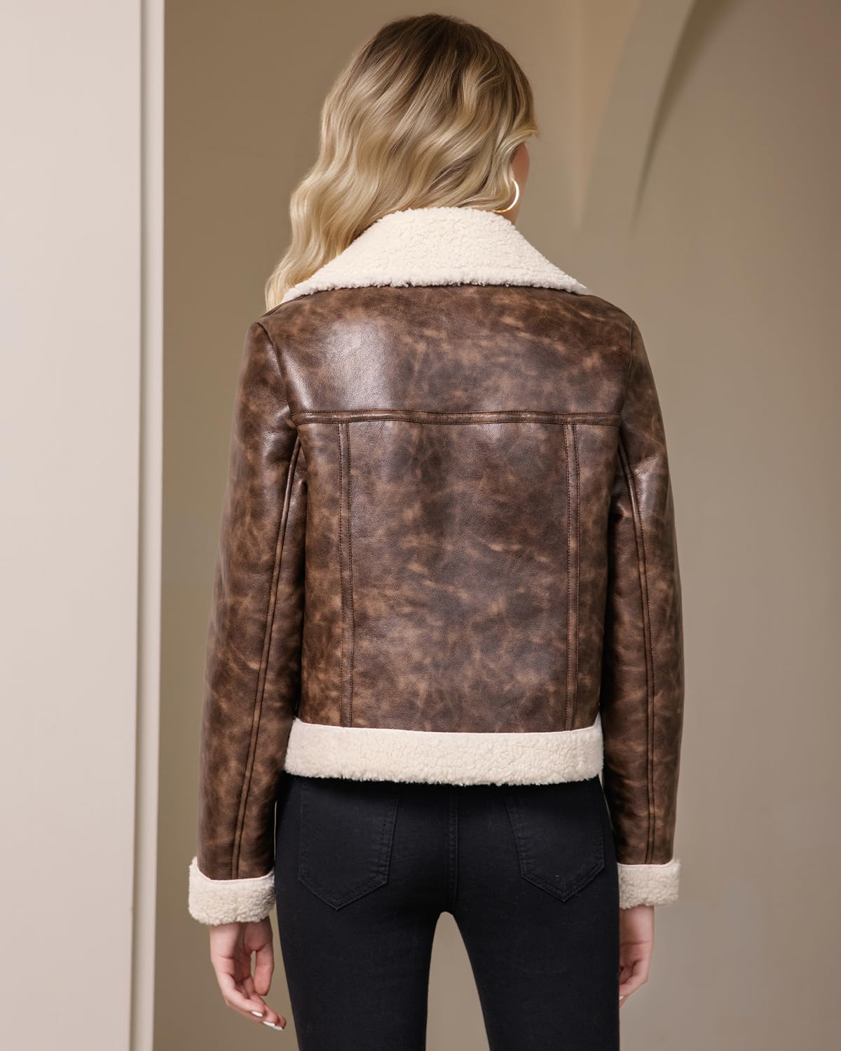 Women's Faux Shearing Moto Jacket Thick Fur Lined Coat Cropped Sherpa Leather Jacket Mixed Brown S
