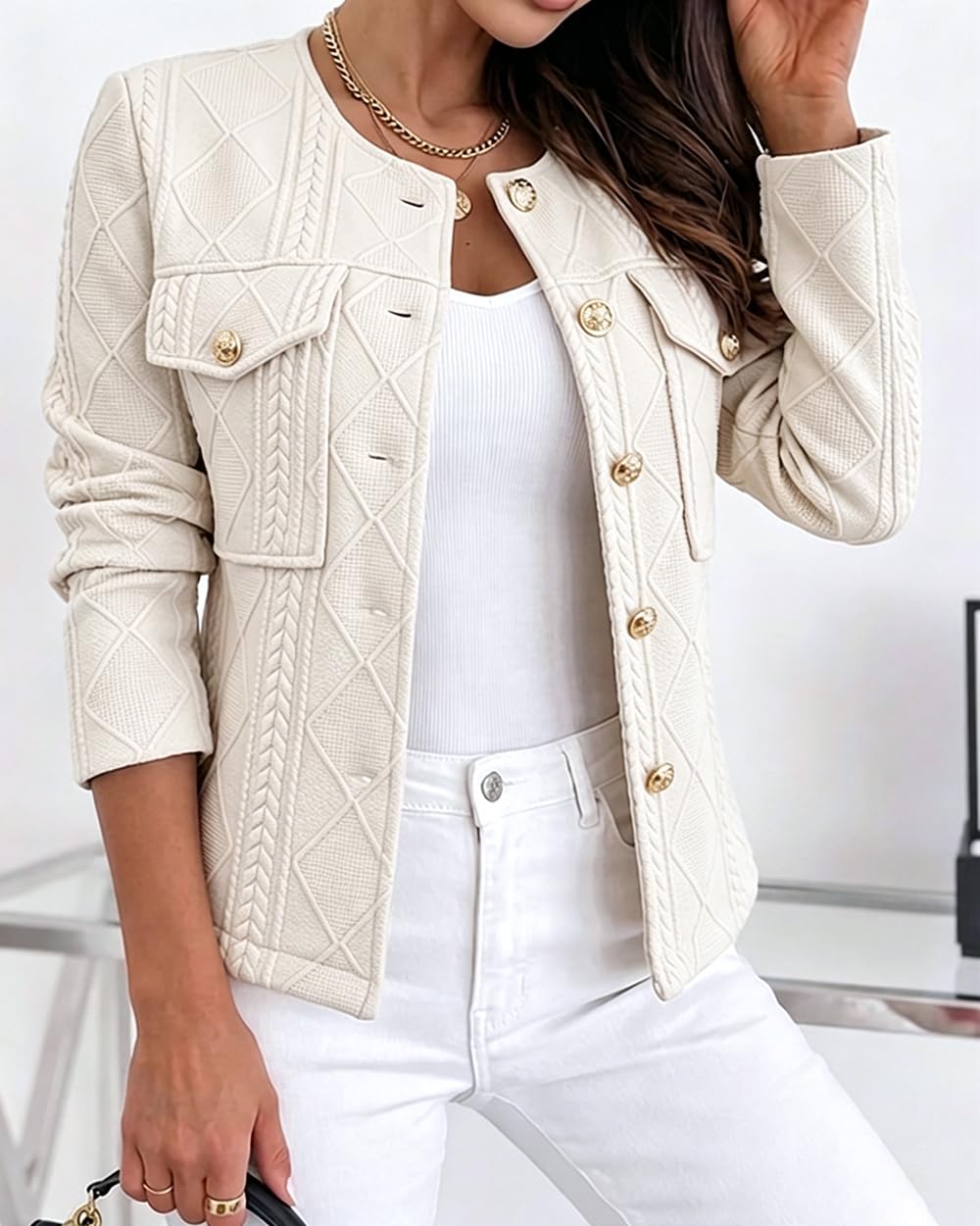 CHICME Womens Bomber Jacket Lightweight Argyle Cable Knit Coat-Beige-Medium