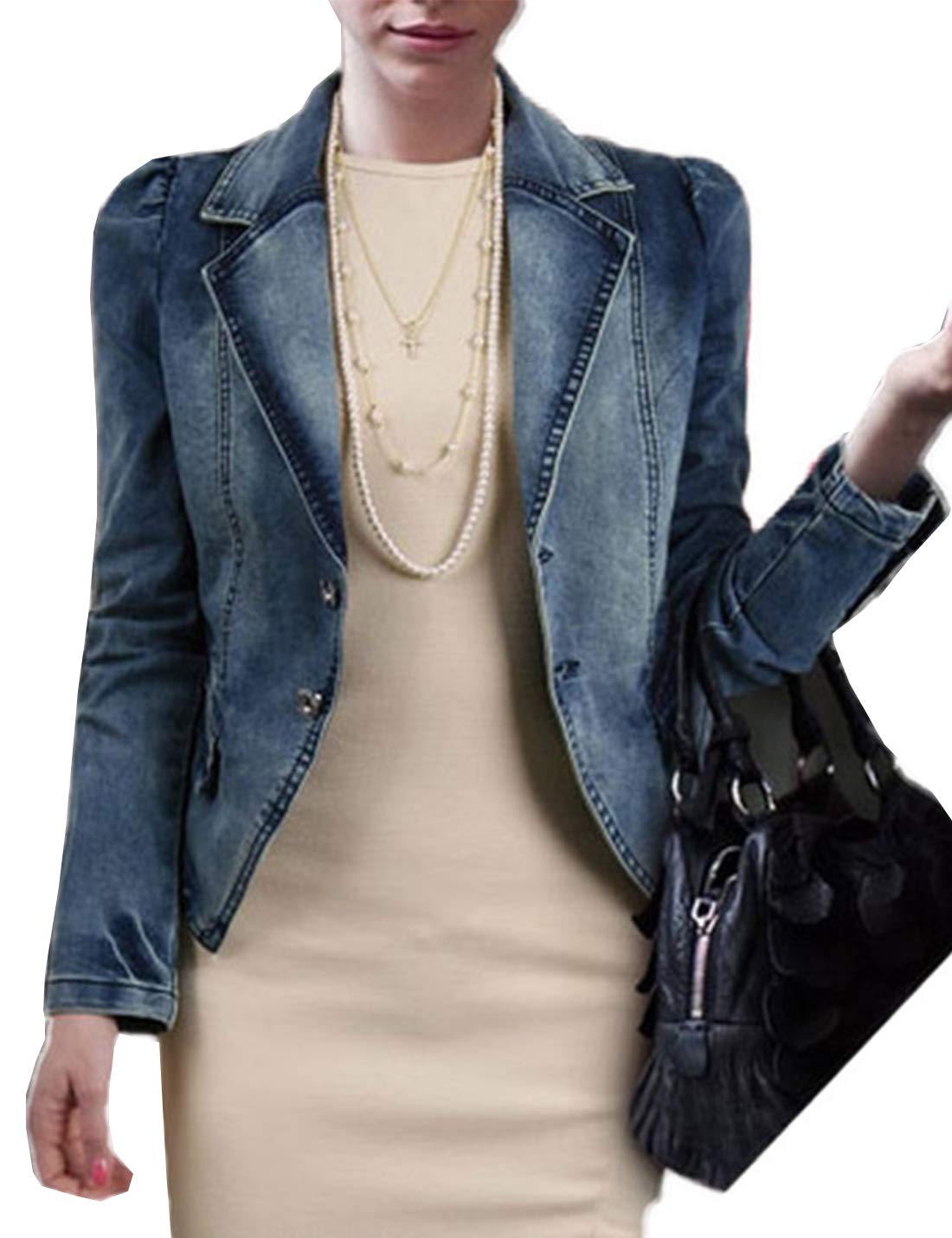 PAODIKUAI Women Long Sleeve Slim Fit Dressy Short Denim Jackets (Blue, Small)