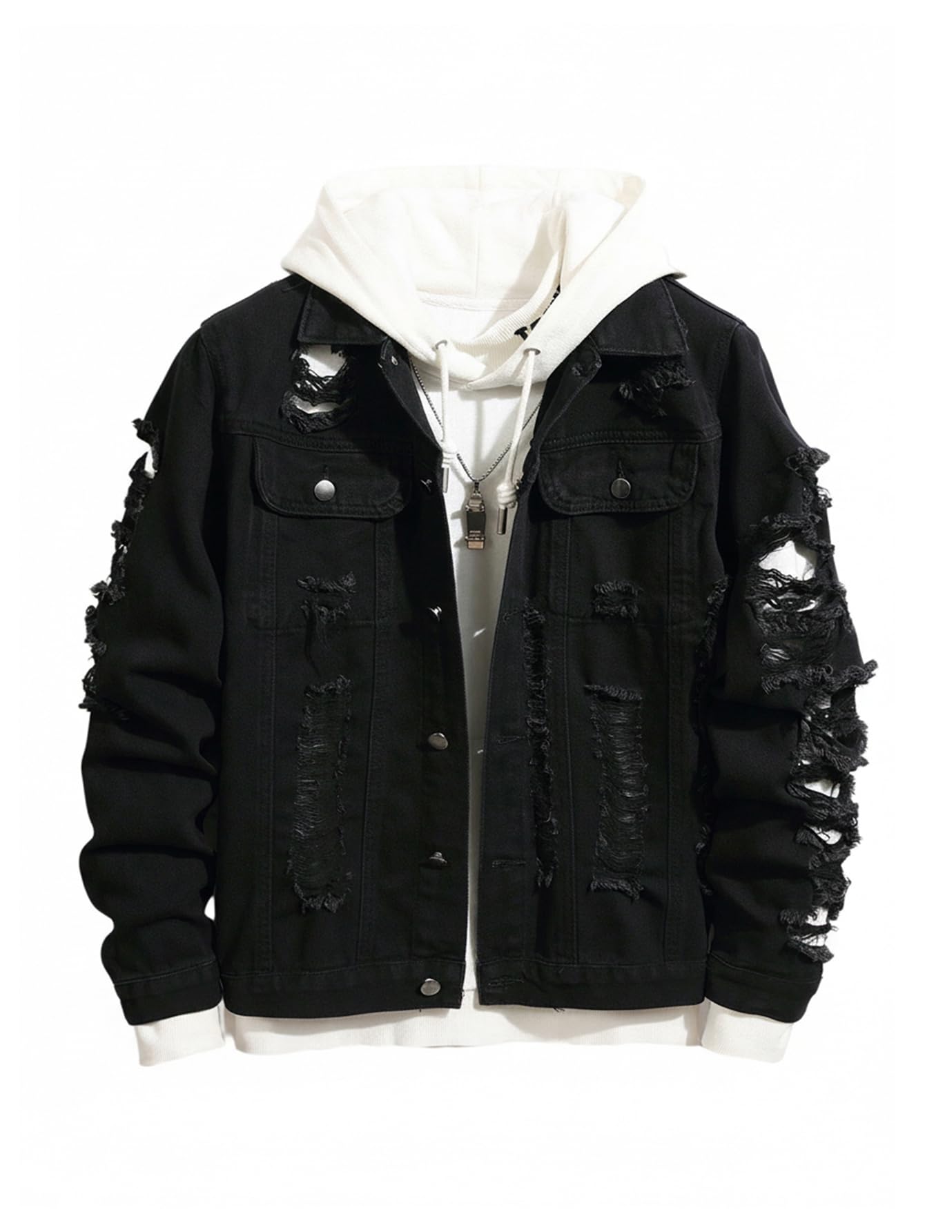 SOLY HUX Men's Ripped Denim Jacket Button Front Collared Long Sleeve Grunge Jean Jackets Streetwear Pure Black X-Large