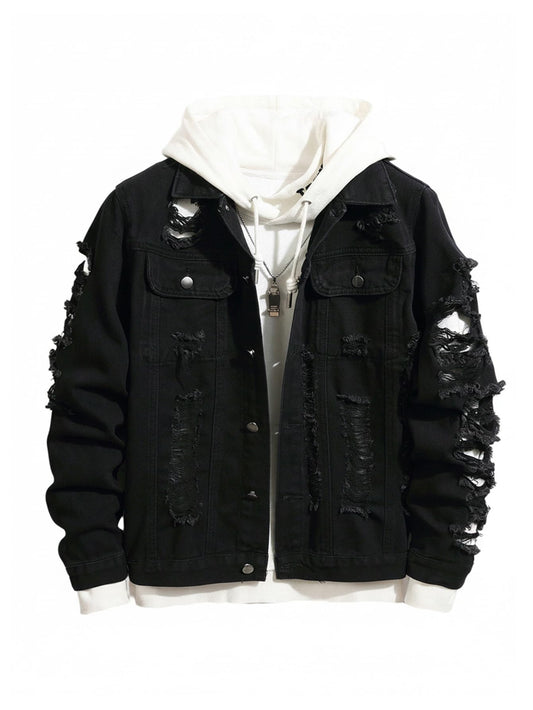 SOLY HUX Men's Ripped Denim Jacket Button Front Collared Long Sleeve Grunge Jean Jackets Streetwear Pure Black X-Large