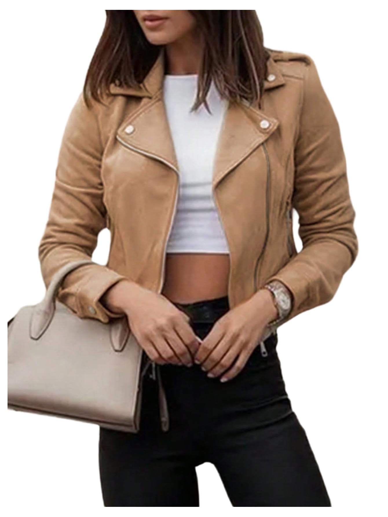 winkbay Women's Faux Suede Motorcycle Jacket Vintage Zip Up Lapel Collar Casual Biker Bomber Jackets Outerwear Khaki Medium