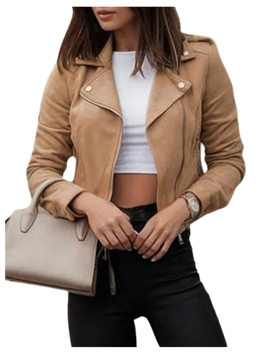 winkbay Women's Faux Suede Motorcycle Jacket Vintage Zip Up Lapel Collar Casual Biker Bomber Jackets Outerwear Khaki Medium