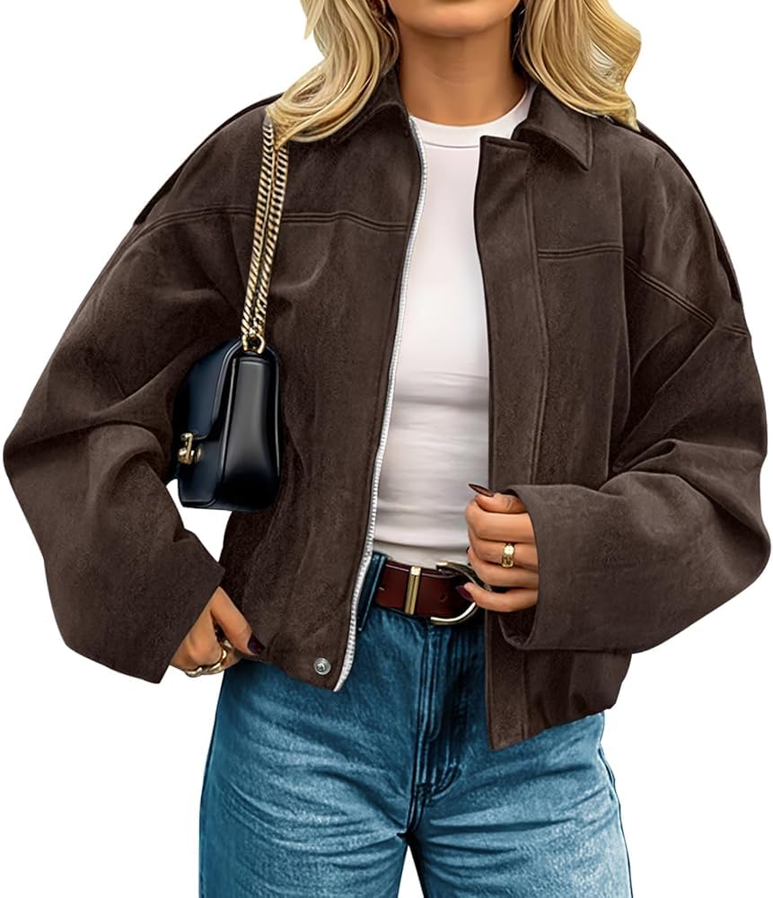 kipfall Womens Faux Suede Jackets Fall Fashion Outfits Coat Winter Clothes Open Front Cropped Jacket