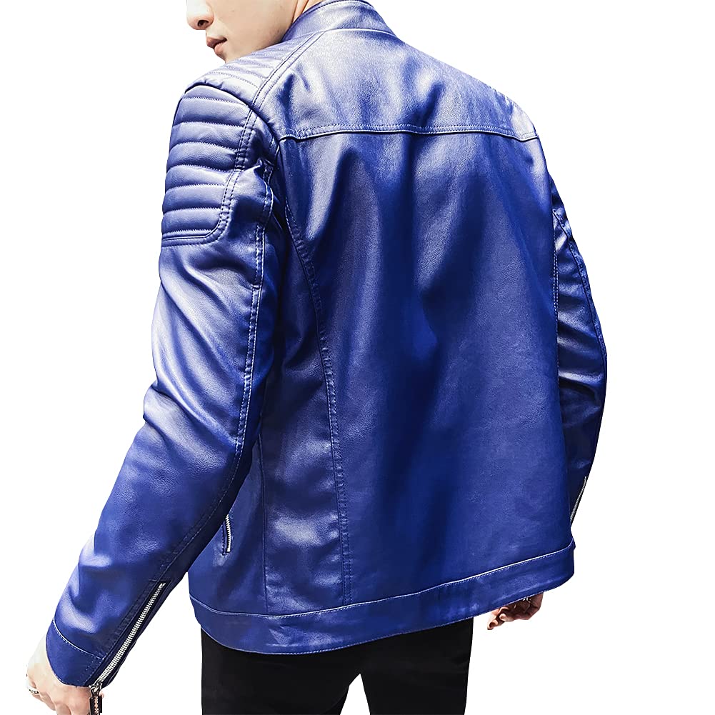 Womleys Mens Casual Stand Collar Slim Fit Faux Leather Jacket Biker Motorcycle Jacket (X-Blue, Medium)