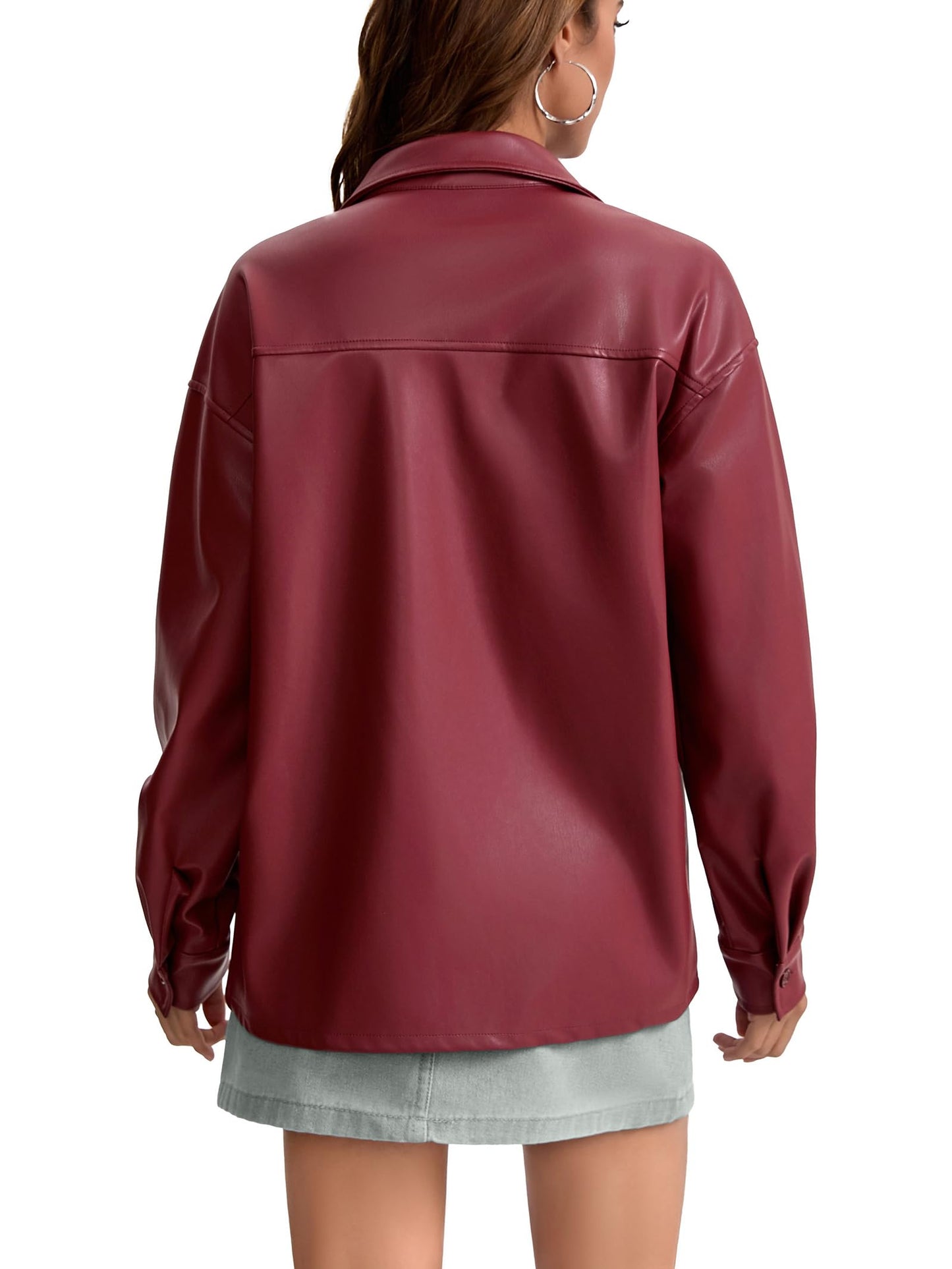 Haianguoji Women's Faux Leather Button-Down Shirt Jacket Lightweight Long Sleeve PU Blouse Shacket Tops (Red, M)