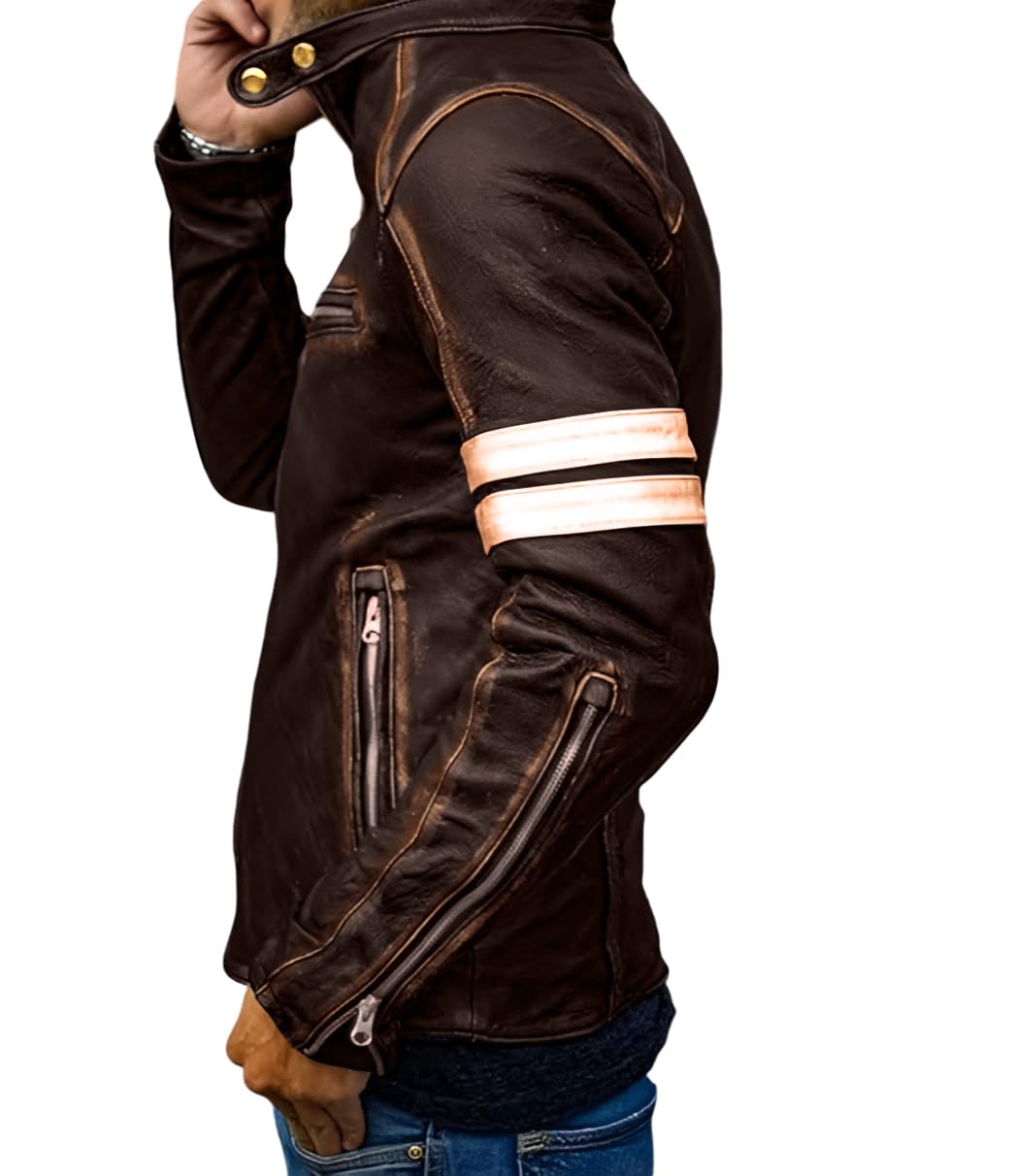 Jild Distressed Café Racer Brown Leather Jacket Men - Genuine Lambskin Leather Biker Style Mens Vintage Motorcycle Jacket (YP-Brn-M)